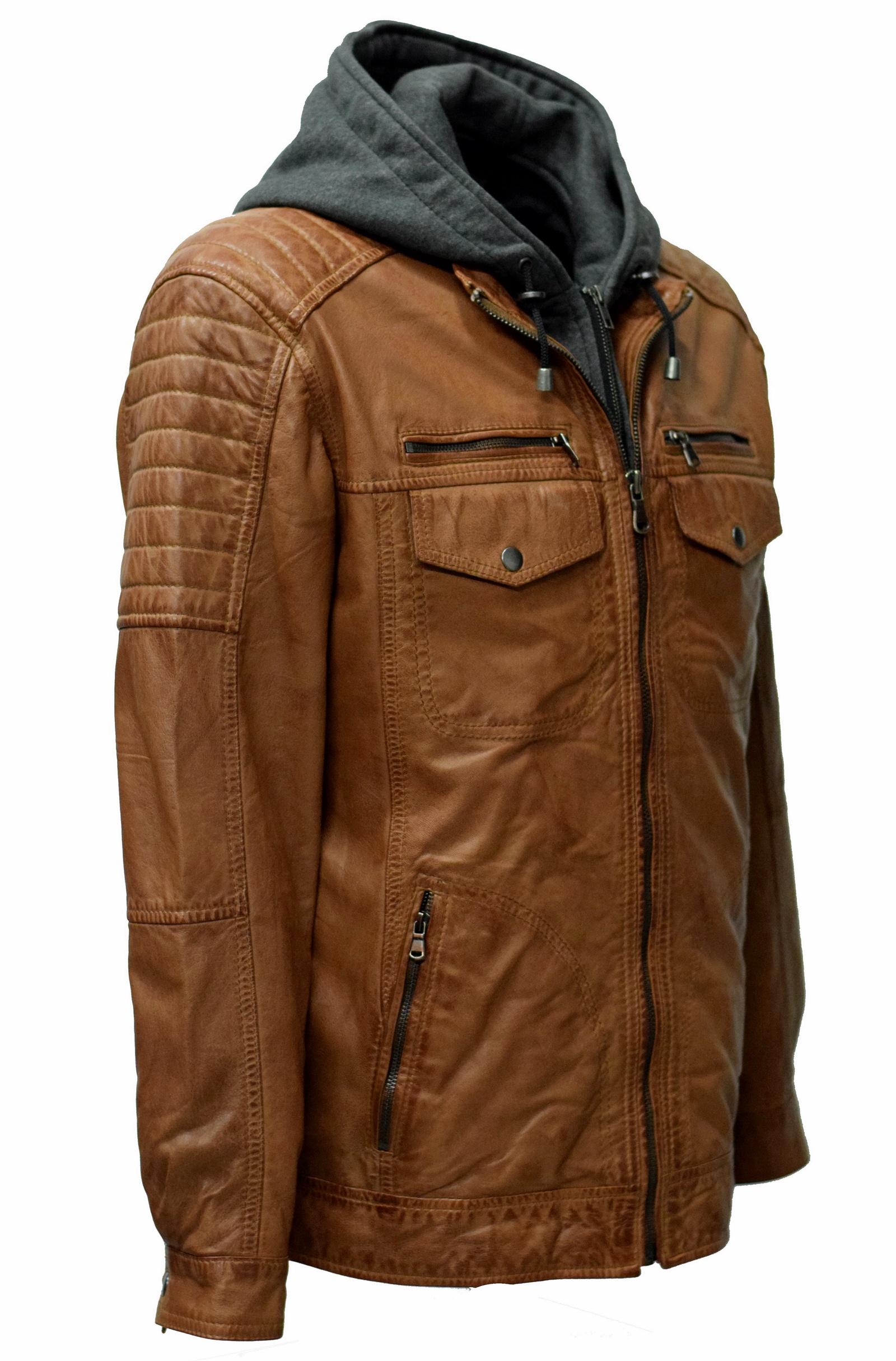 Herren Lederjacke Gernd mit Kapuze washed Cognac Braun