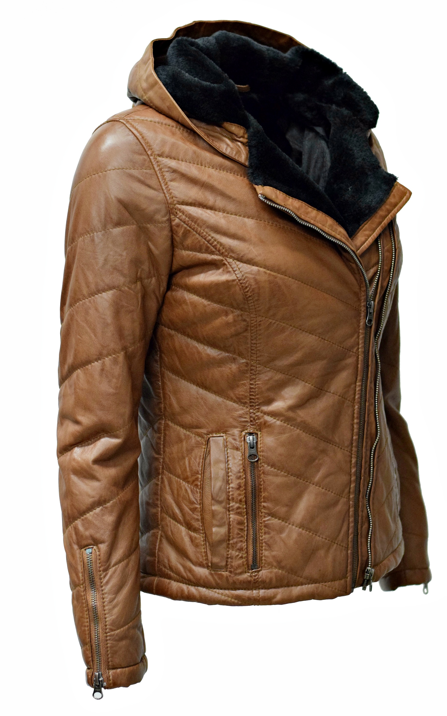 Damen Stepp-Lederjacke Britney mit Kapuzenkragen in Cognacbraun