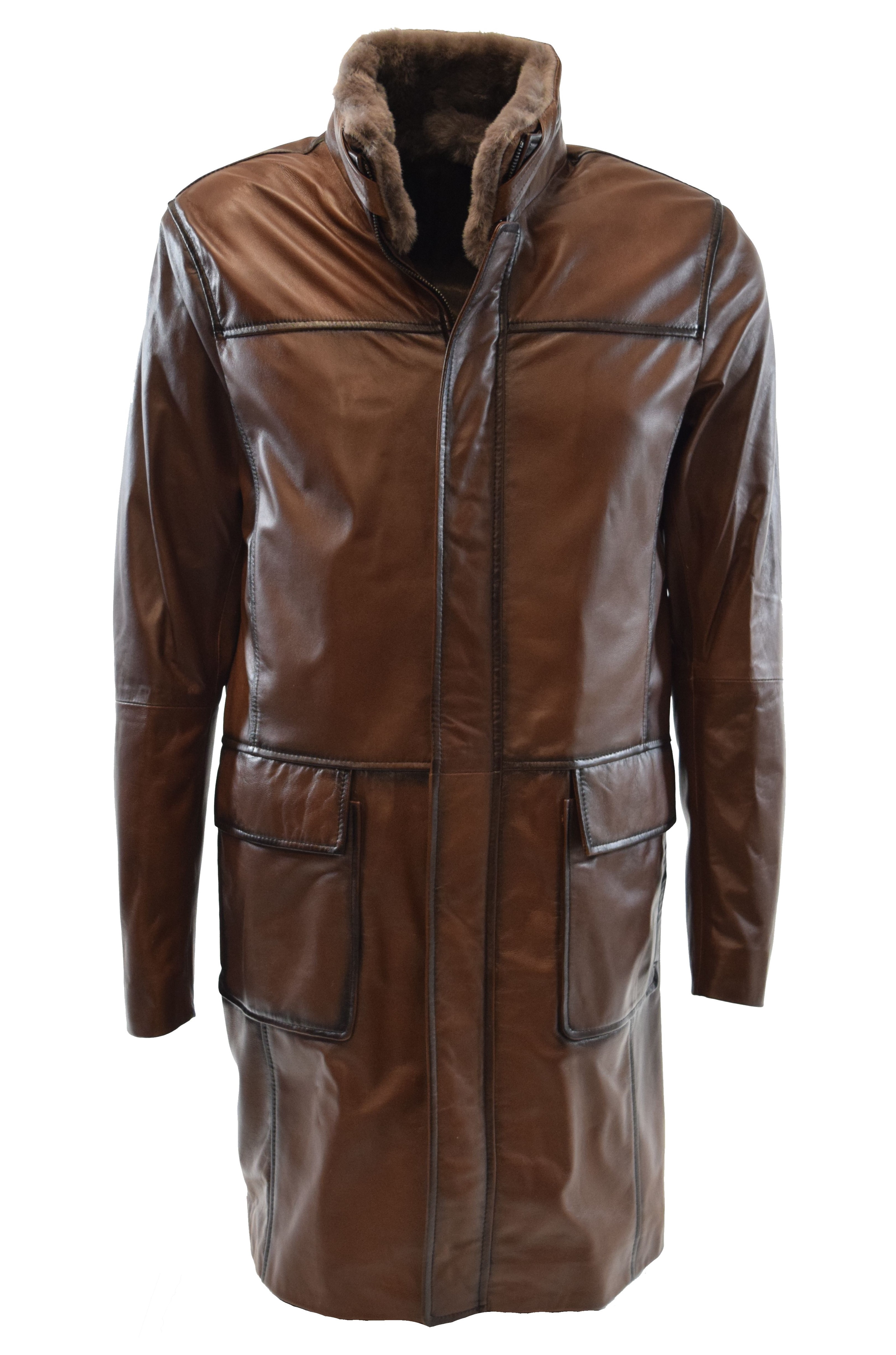 Herren Ledermantel Marrius mit Lammfellkragen in washed Fine Braun