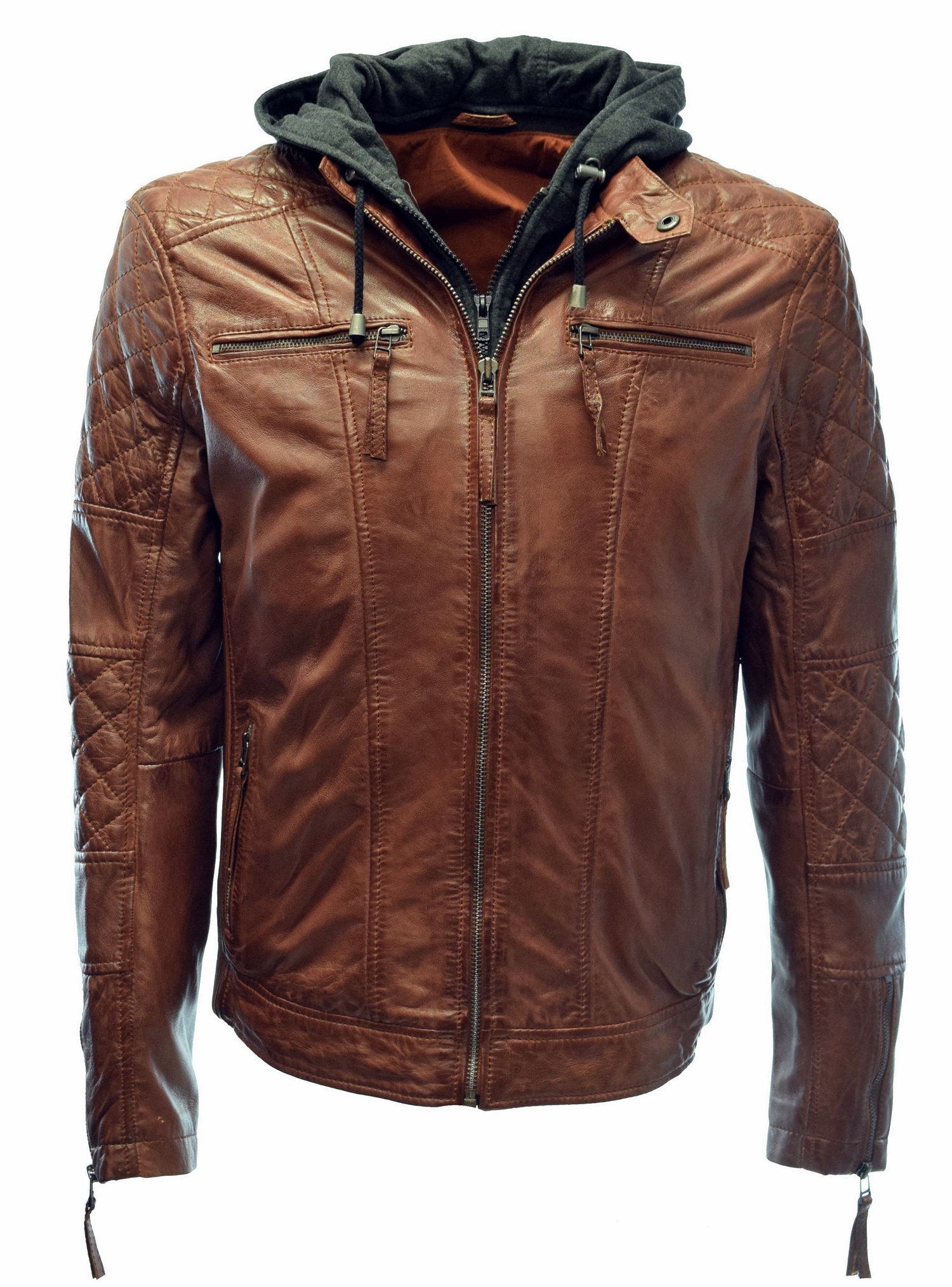 Herren Lederjacke Alex II gesteppt in washed Tabak mit Kapuze