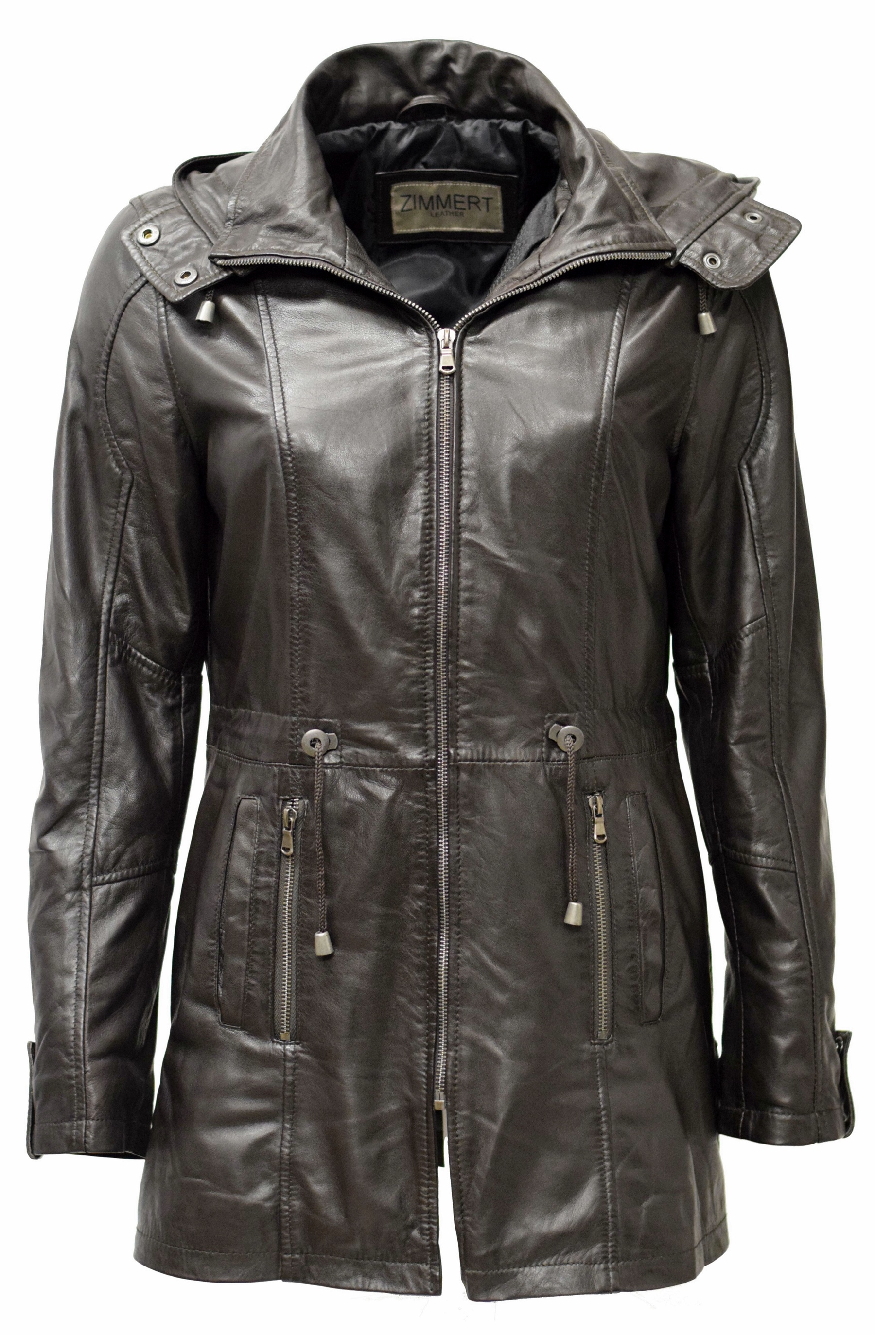 Damen Lederparka Helene mit Kapuze in washed Dunkelbraun