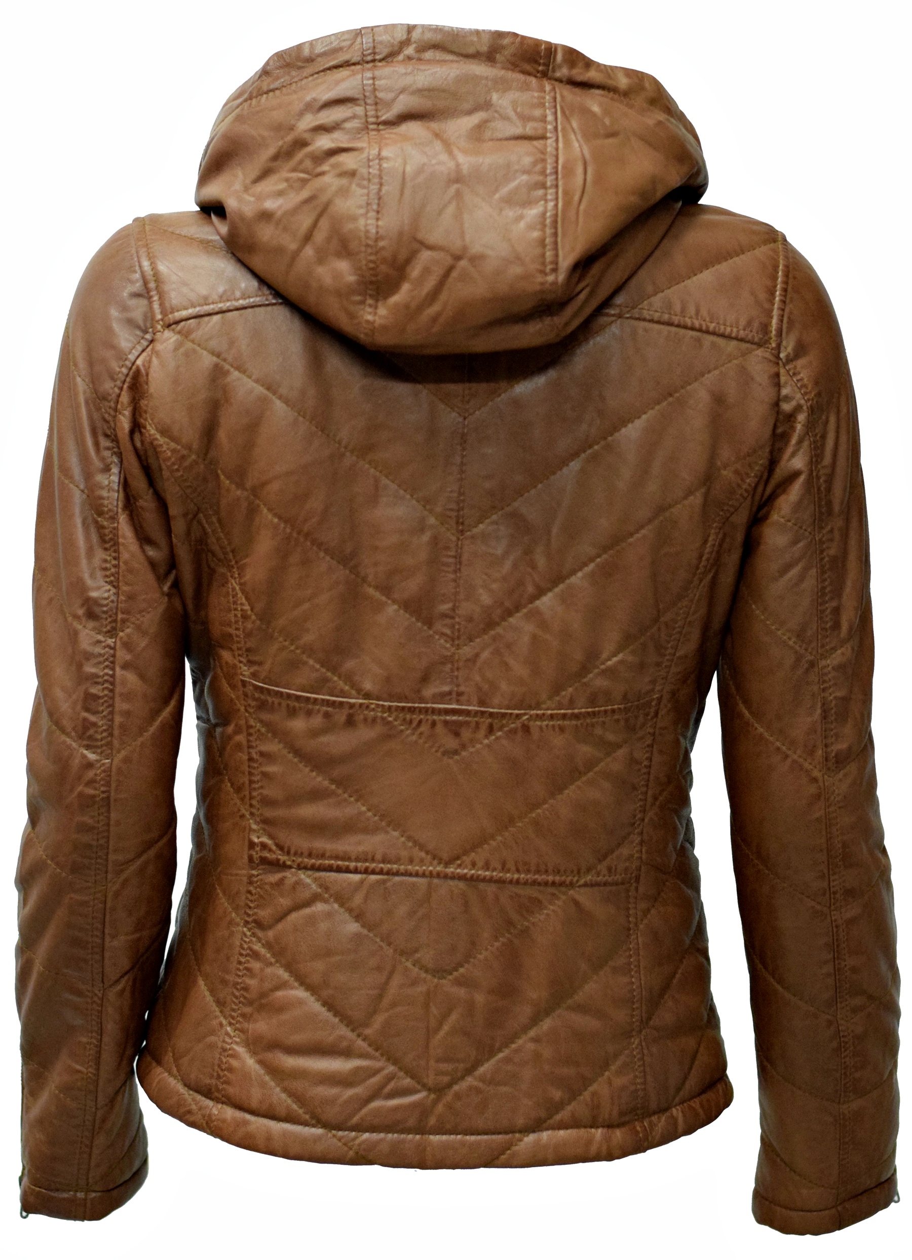 Damen Stepp-Lederjacke Britney mit Kapuzenkragen in Cognacbraun