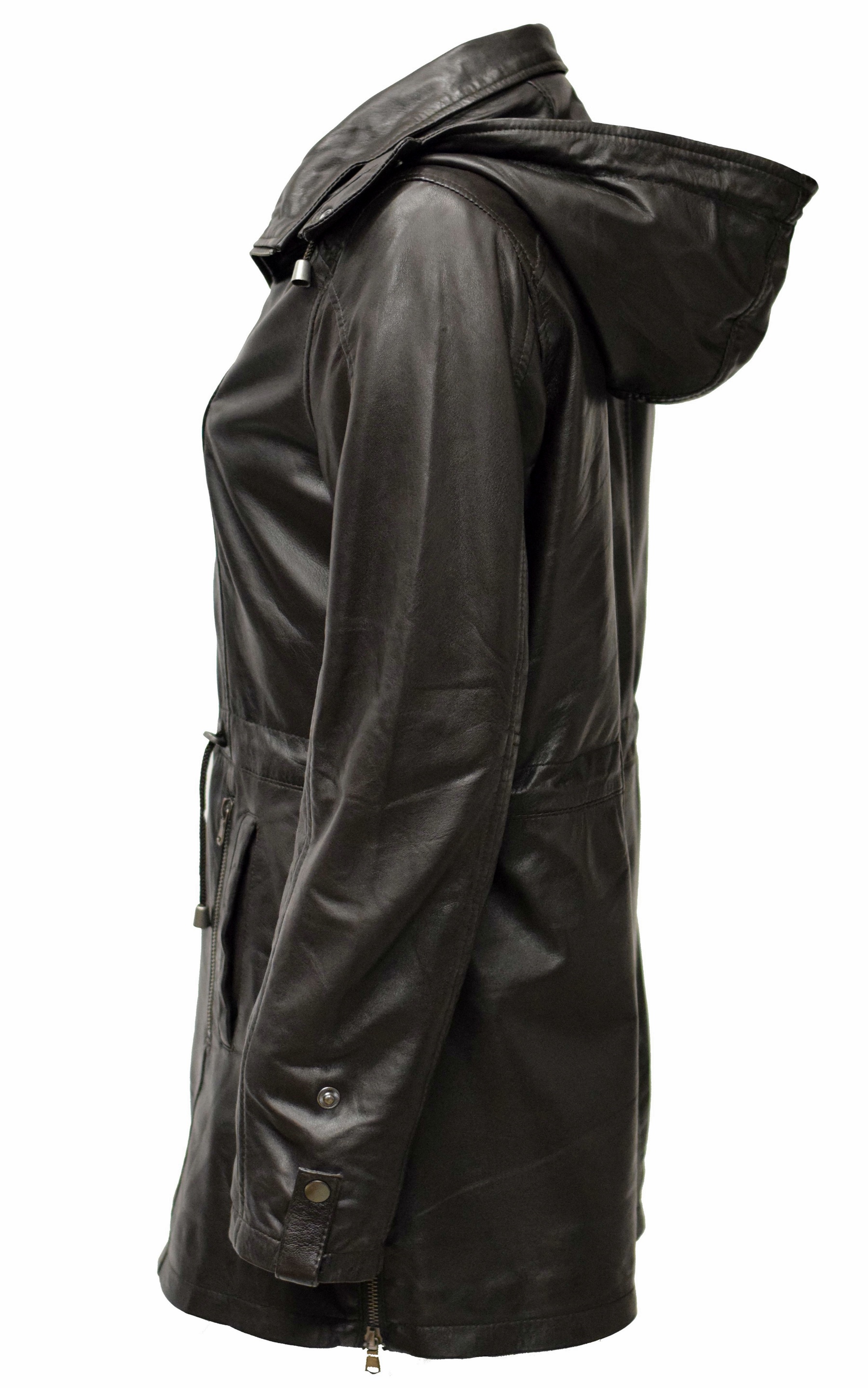 Damen Lederparka Helene mit Kapuze in washed Dunkelbraun