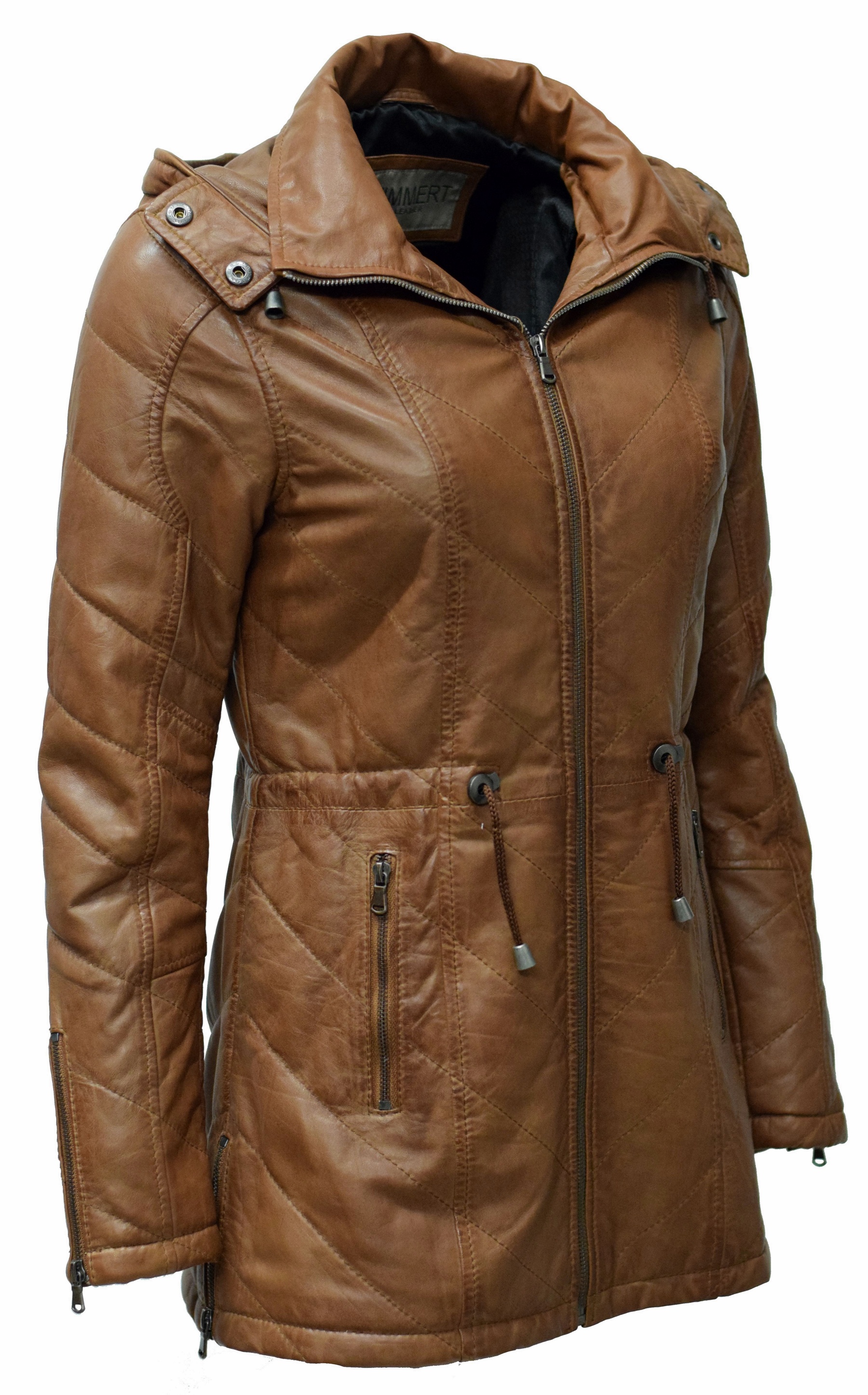 Damen Stepp- Lederparka Jacque mit Kapuze in washed Cognac