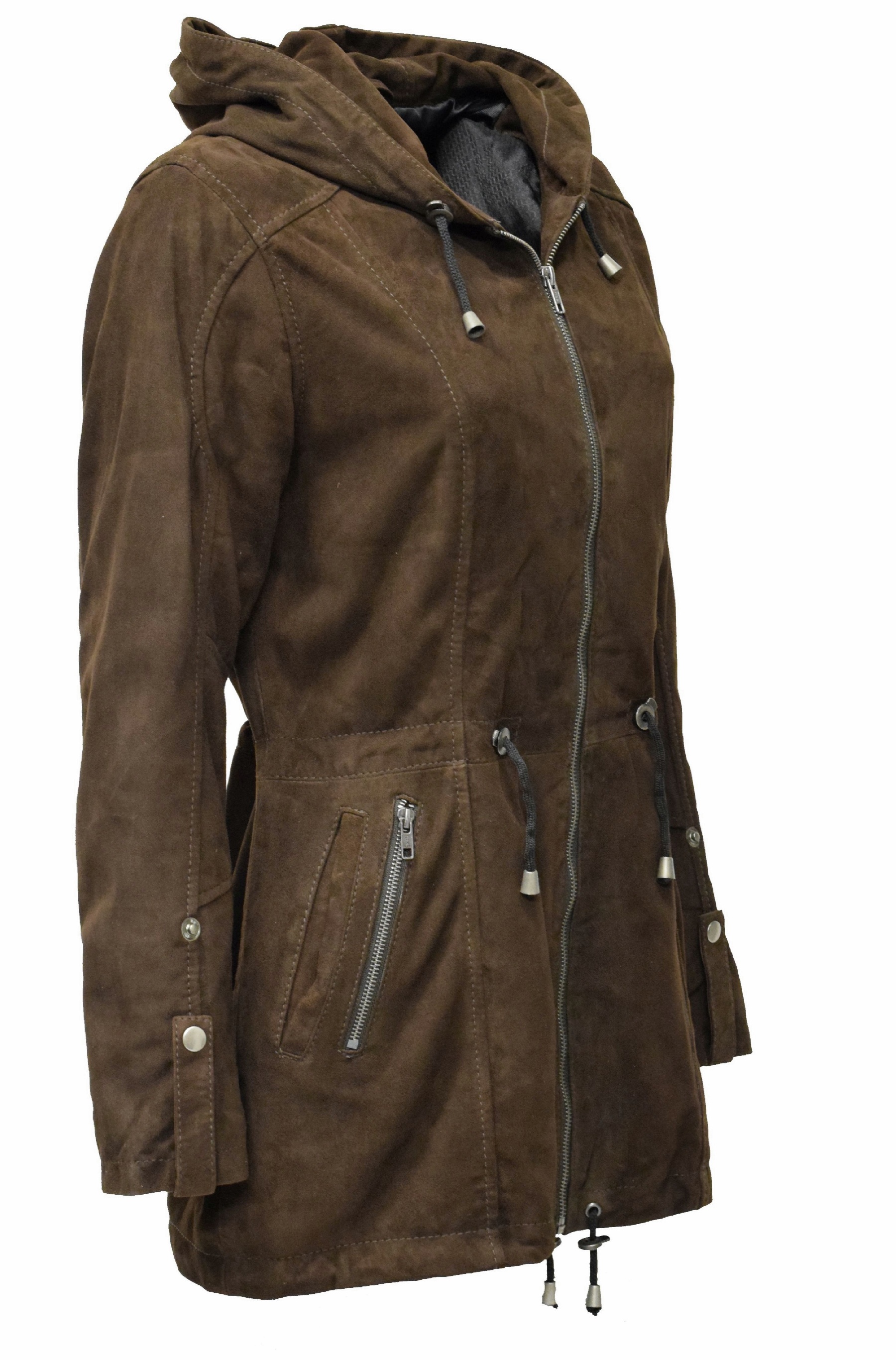 Damen Lederjacke Lila mit Kapuze in Ziegenvelour Schokobraun