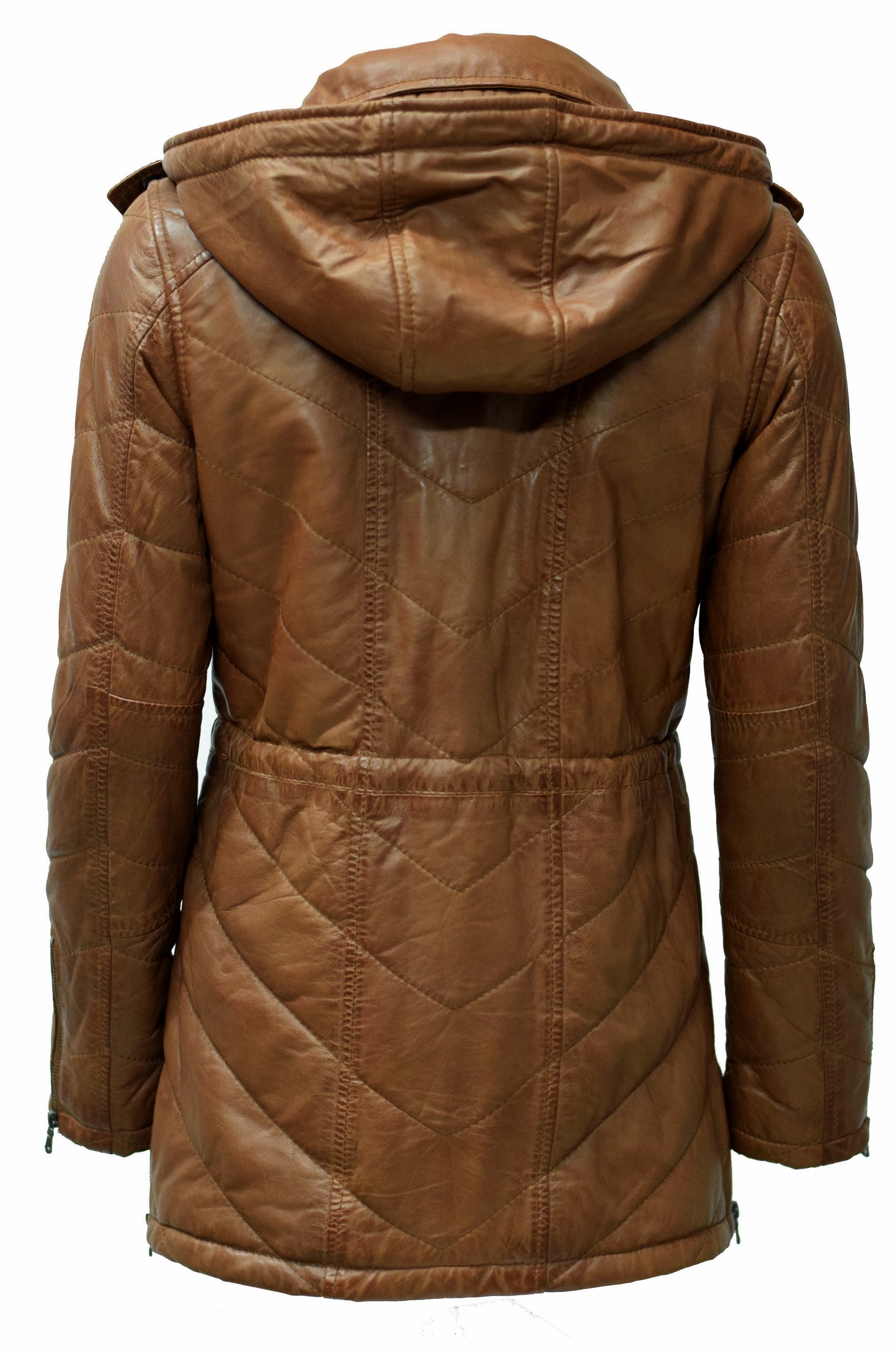Damen Stepp- Lederparka Jacque mit Kapuze in washed Cognac