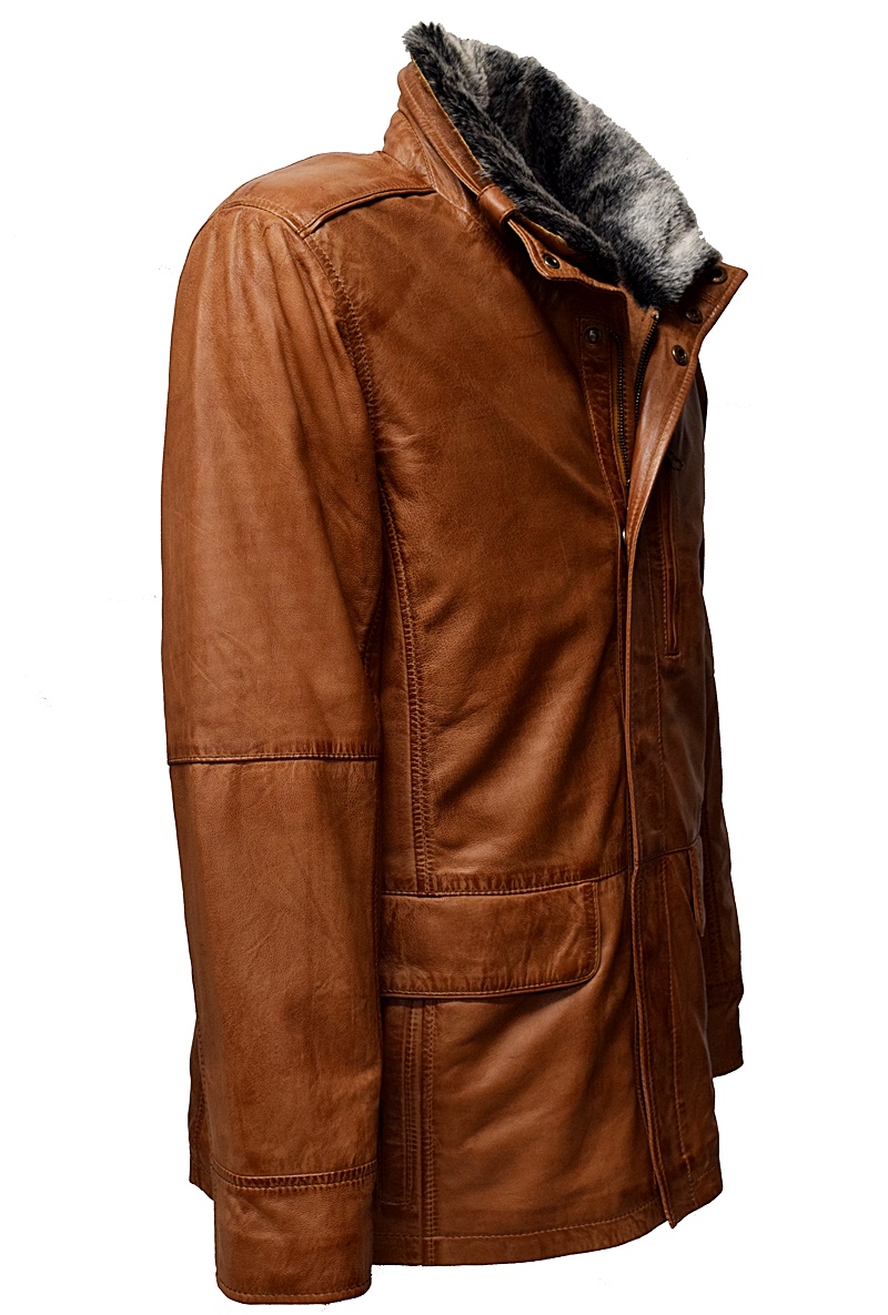 Herren Long Lederjacke "EDDI" in washed Cognac