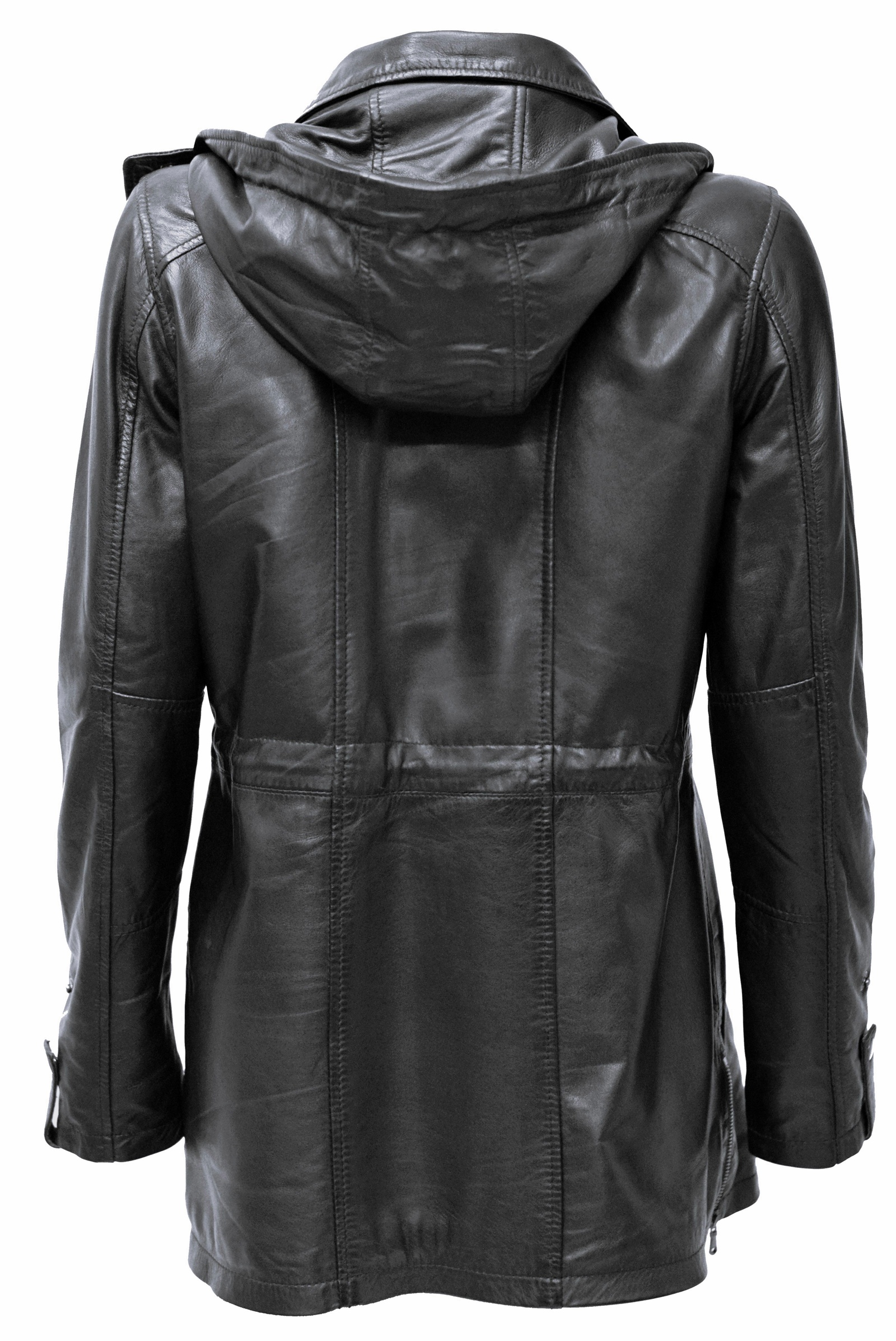 Damen Lederparka Helene mit Kapuze in washed Schwarz