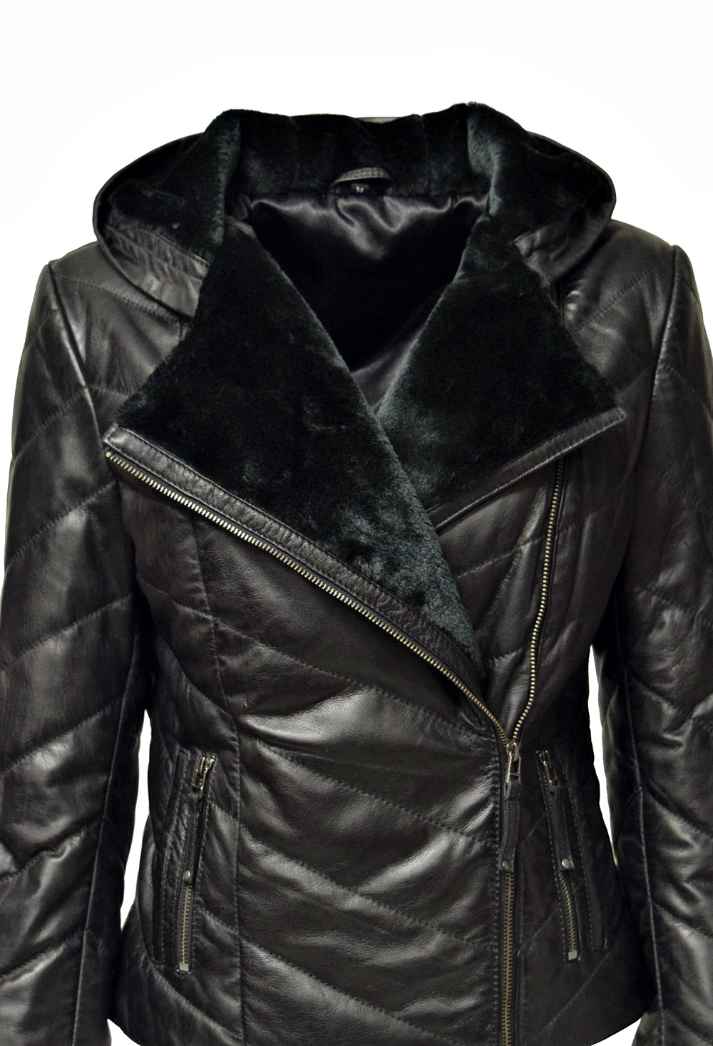 Damen Stepp-Lederjacke Mariella mit Kapuzenkragen in Schwarz