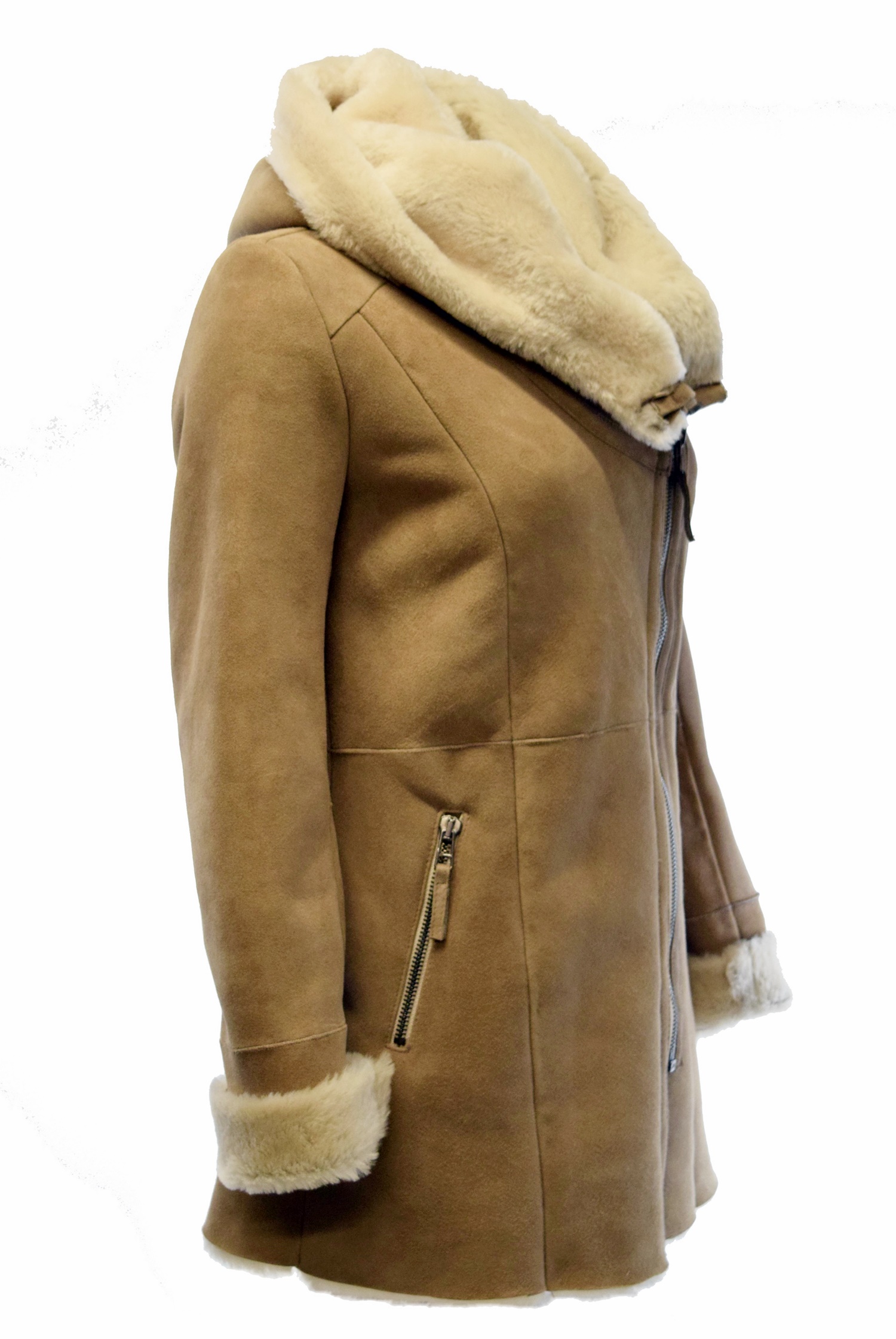 Damen Lammfellmantel Olivia mit großer Kapuze in Sandbeige