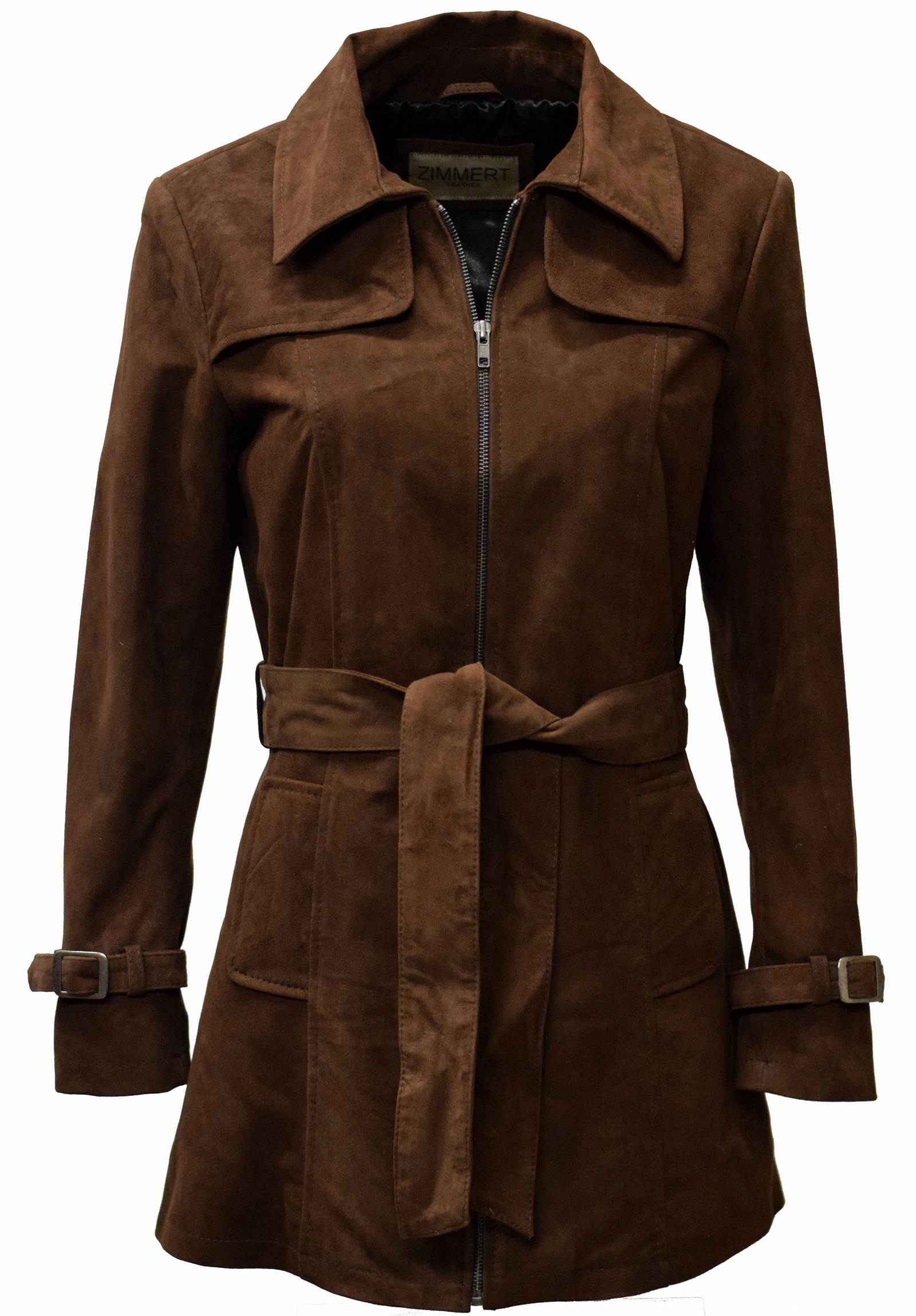 Damen Kurz-Trenchcoat Ledermantel Wildleder Polly in Schoko
