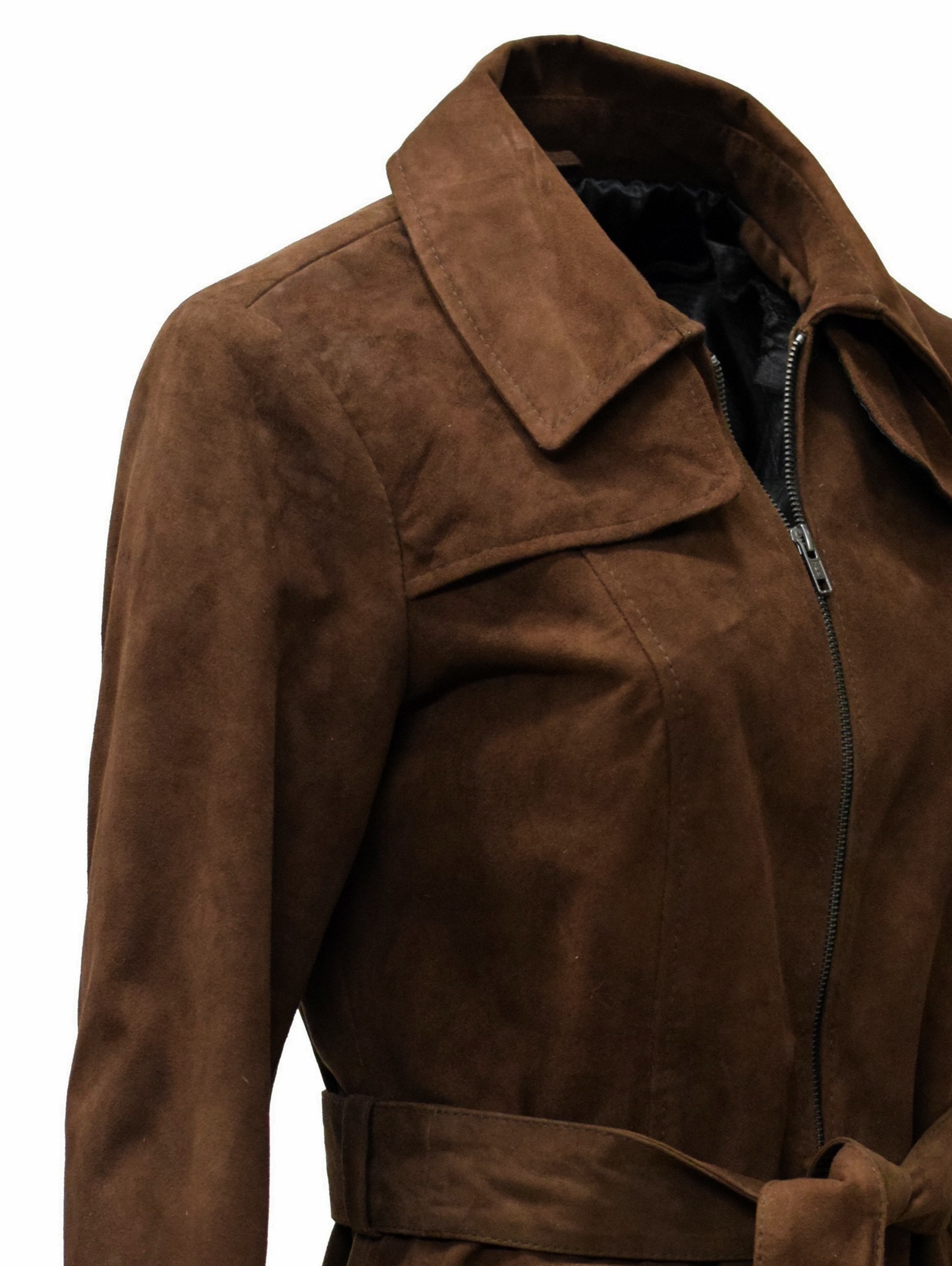 Damen Kurz-Trenchcoat Ledermantel Wildleder Polly in Schoko