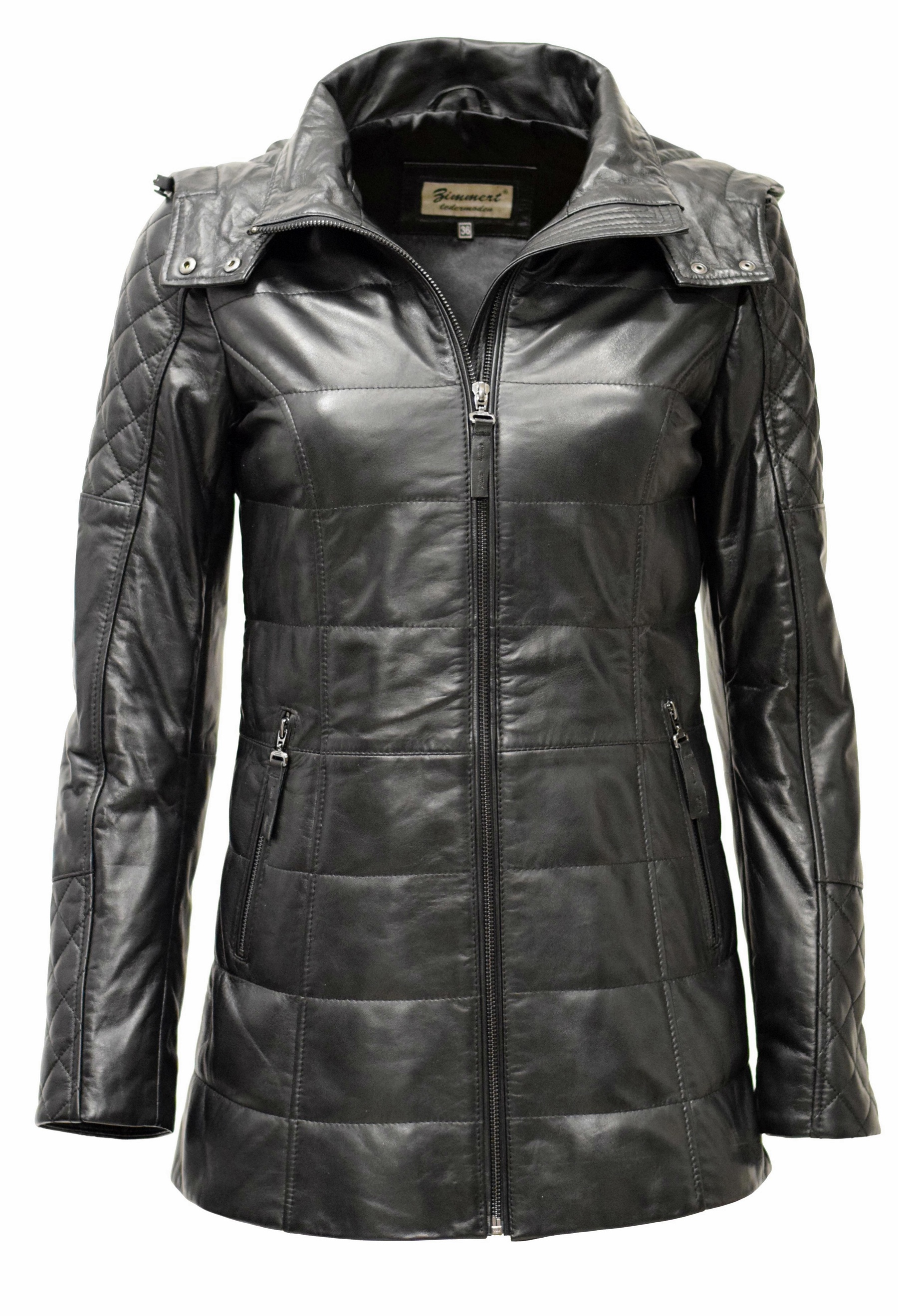 Damen Lederparka Rita mit Kapuze in fine Schwarz
