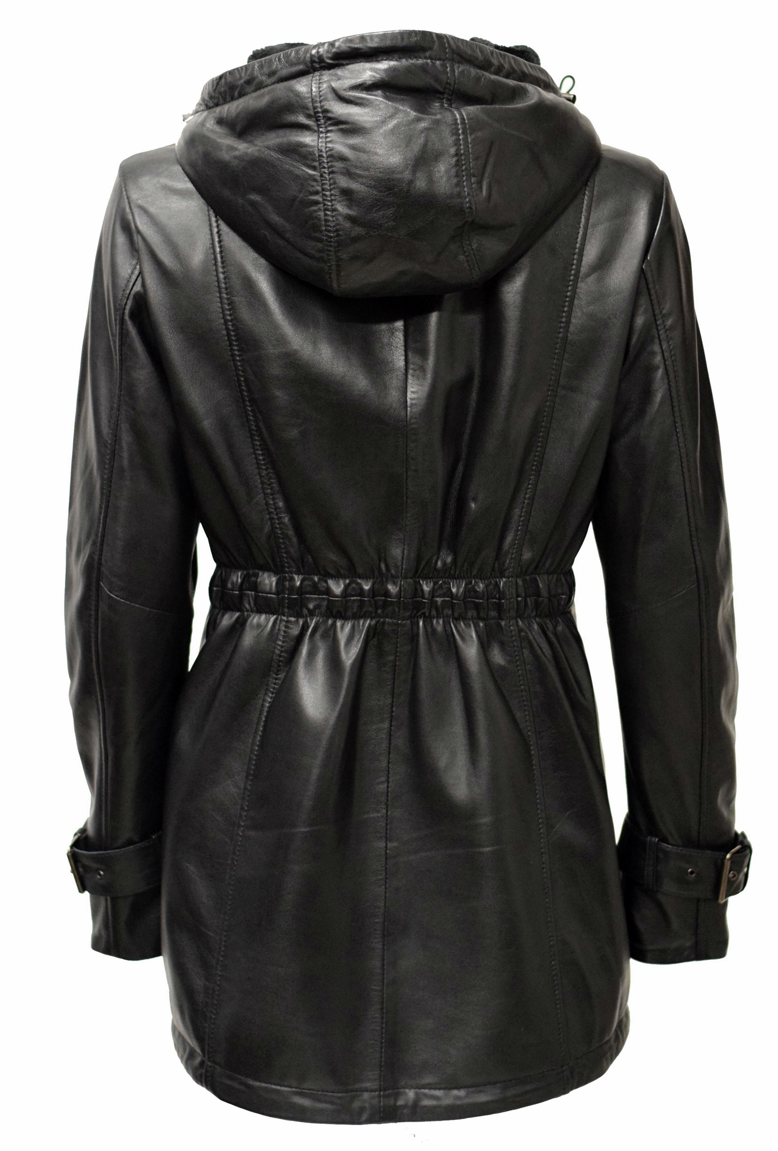 Damen Lederparka Manja mit Fellkapuze in washed Schwarz
