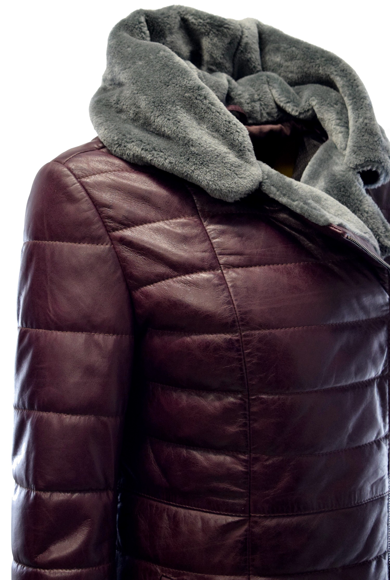 Damen Ledermantel Cindy mit Kapuzenkragen in Burgundy