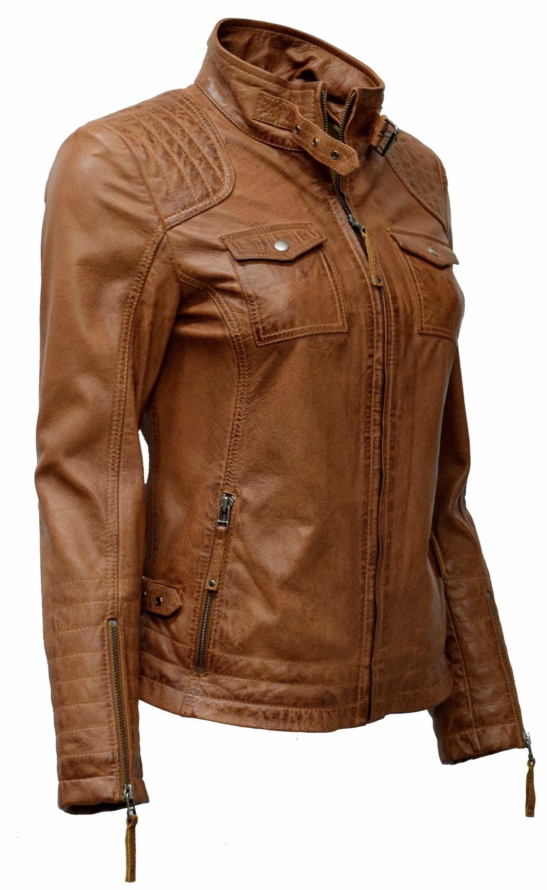 Damen Lederjacke Emmy gesteppt washed Cognac
