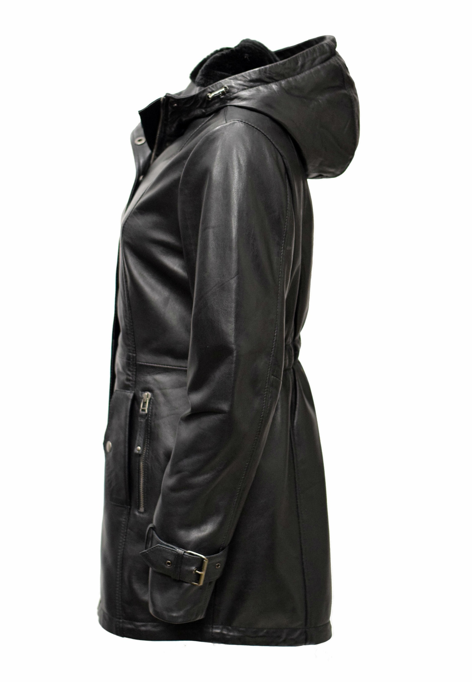 Damen Lederparka Manja mit Fellkapuze in washed Schwarz