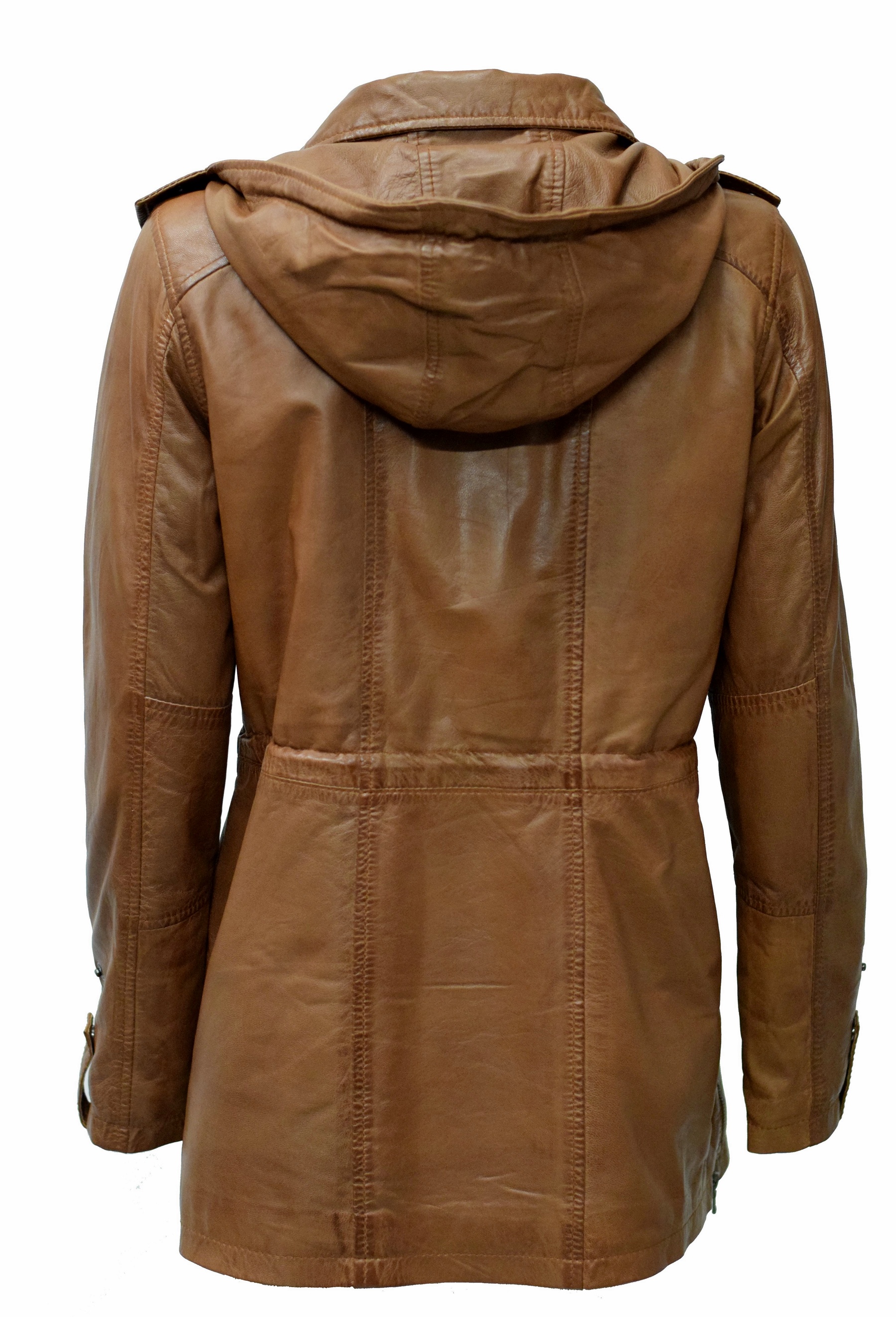 Damen Lederparka Helene mit Kapuze in washed Cognac