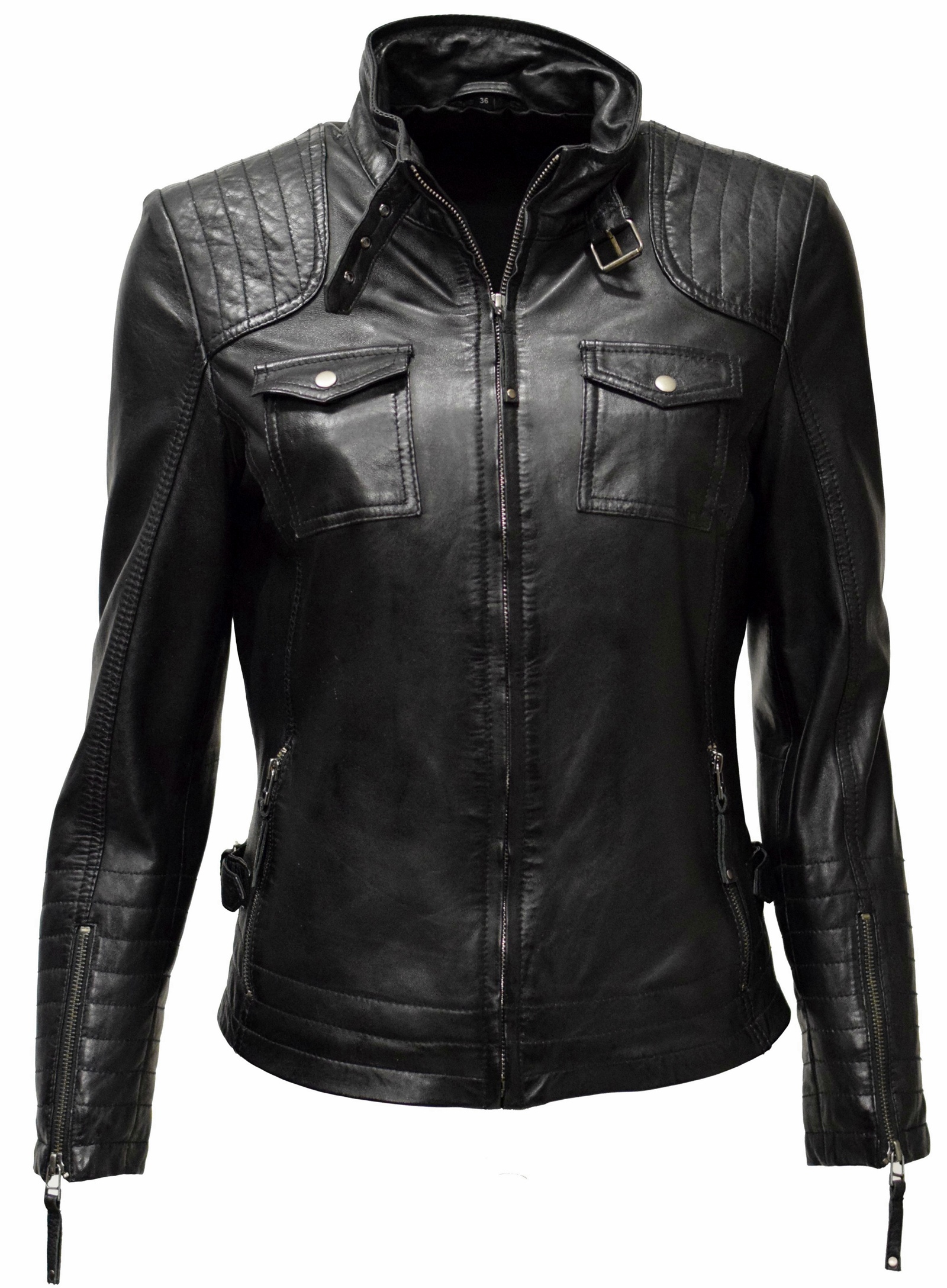 Damen Lederjacke Emmy gesteppt washed Schwarz