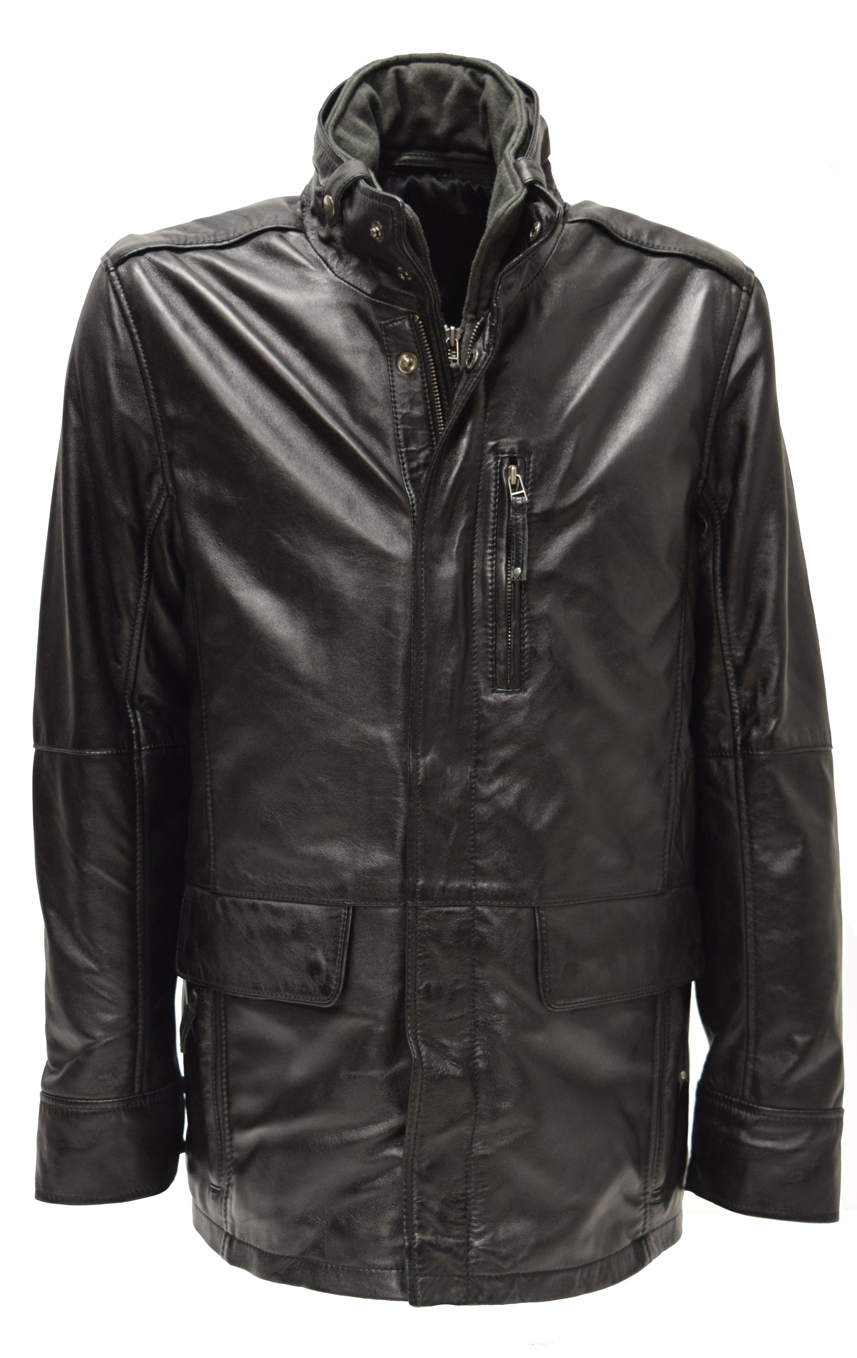 Herren Long Lederjacke Nick in washed Schwarz