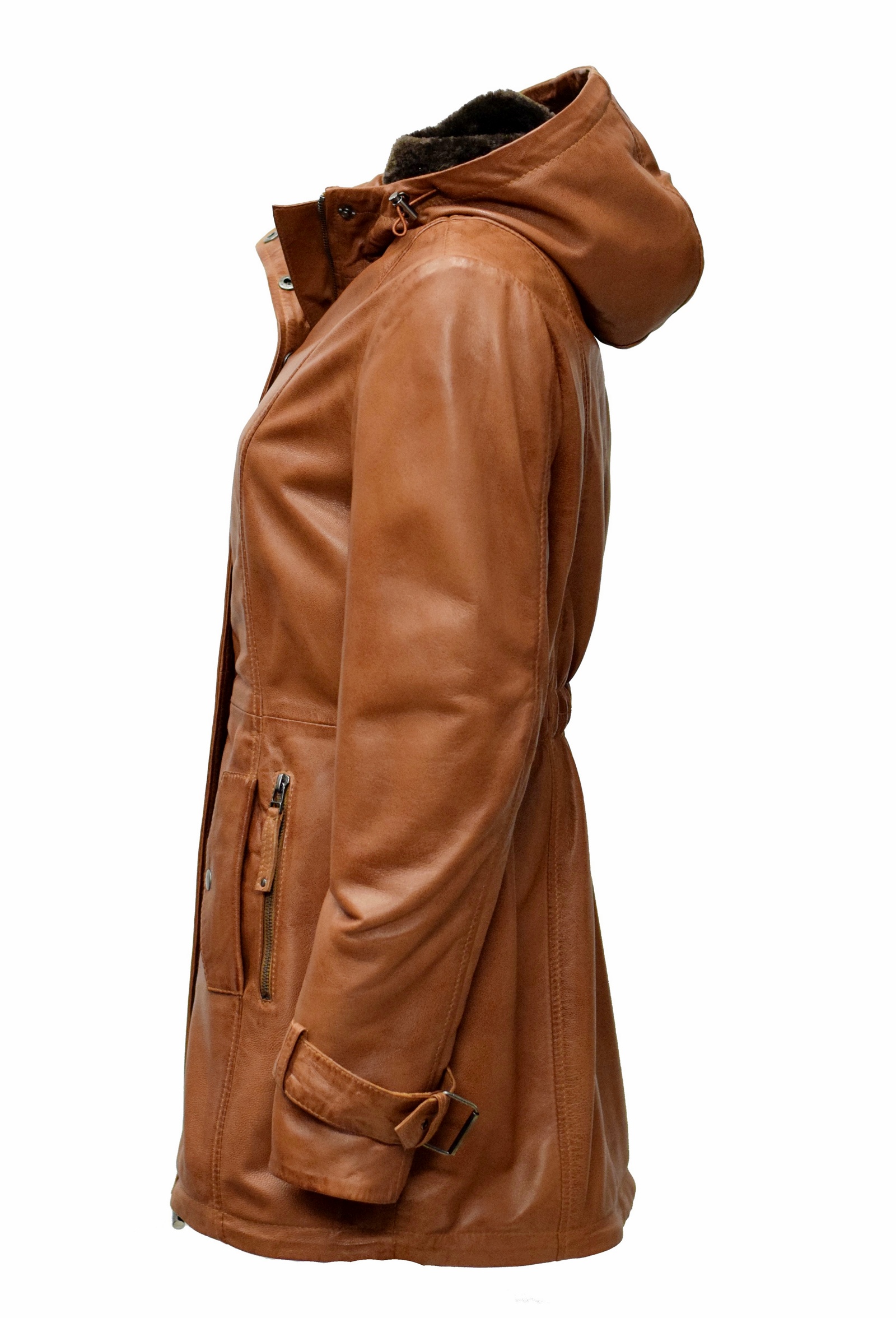 Damen Lederparka Manja mit Fellkapuze in washed Cognac