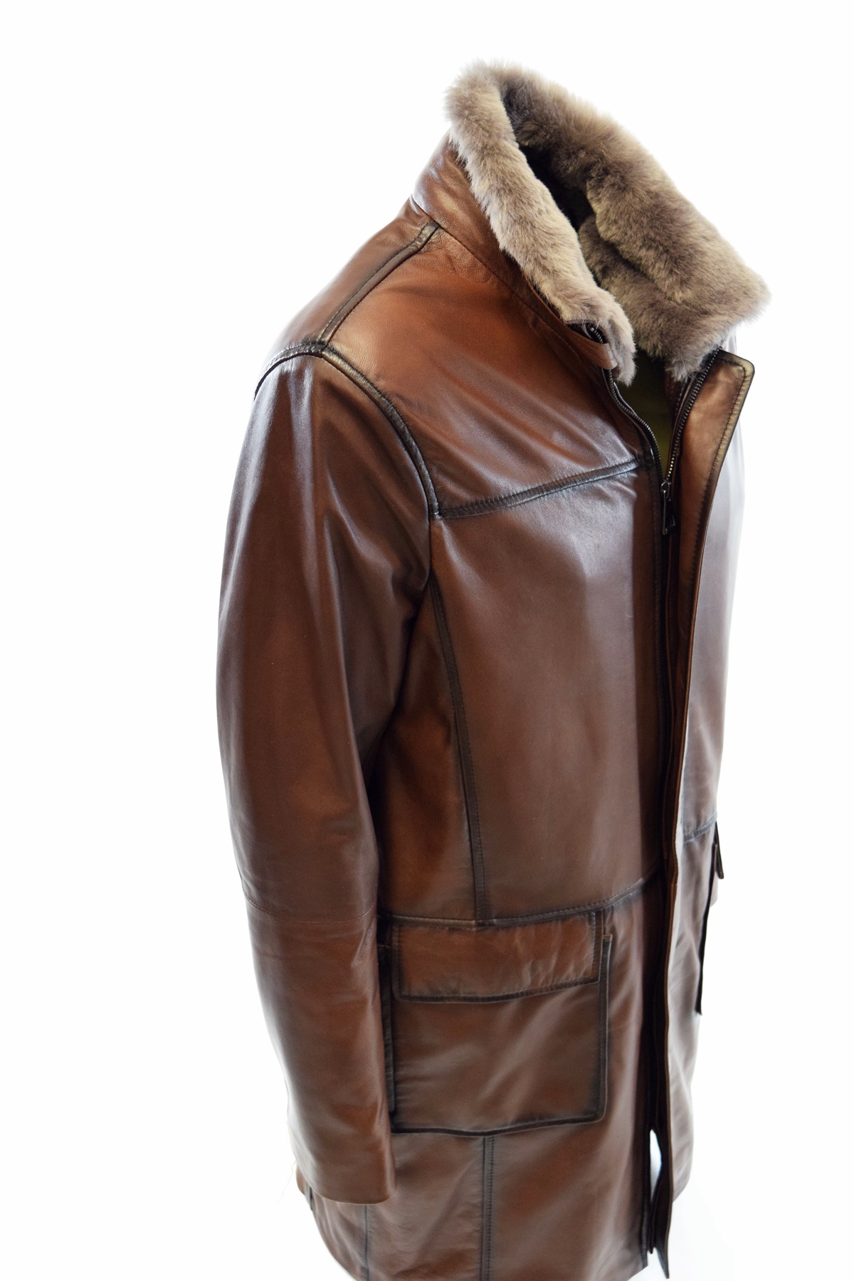 Herren Ledermantel Marrius mit Lammfellkragen in washed Fine Braun