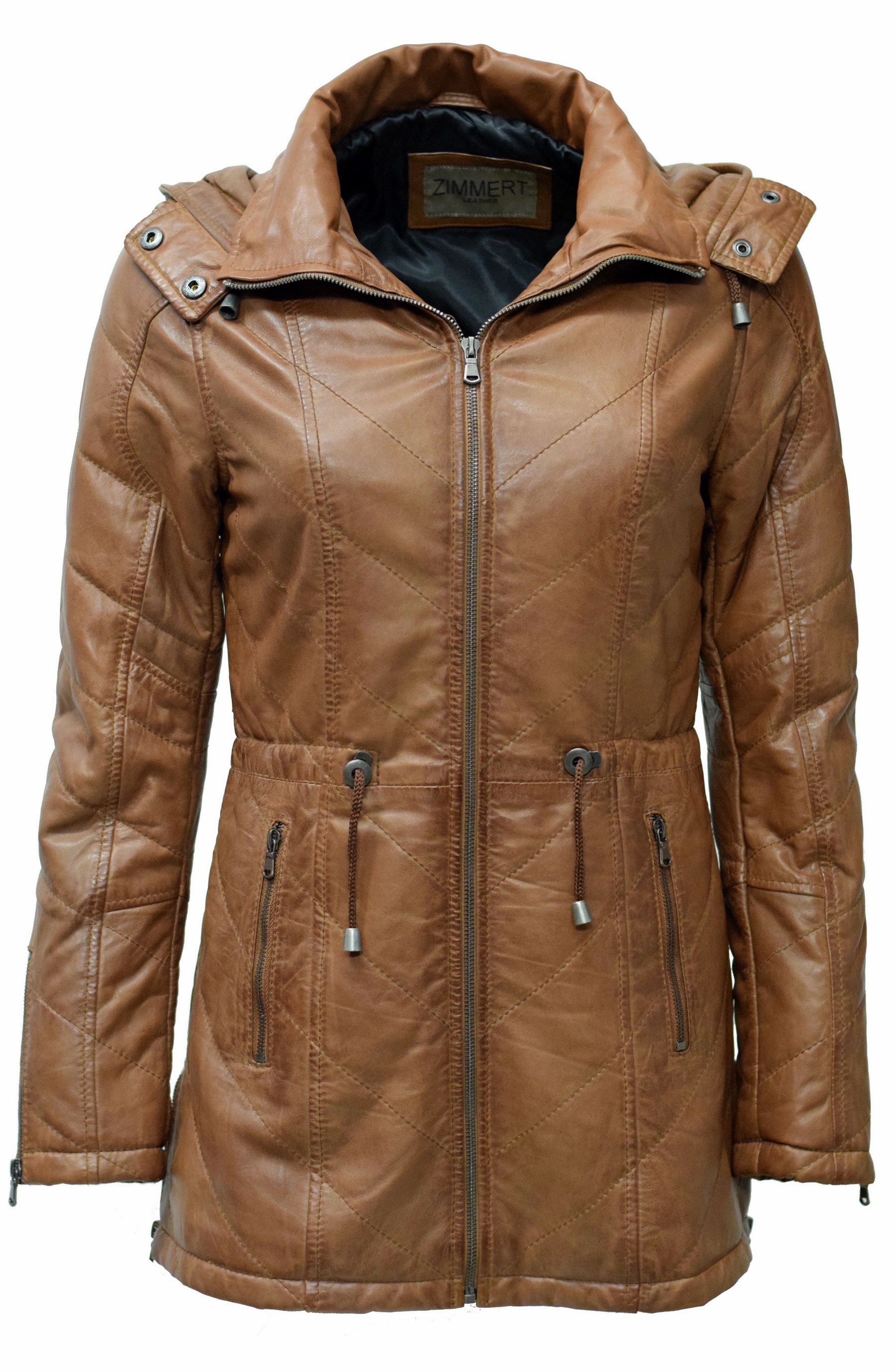Damen Stepp- Lederparka Jacque mit Kapuze in washed Cognac