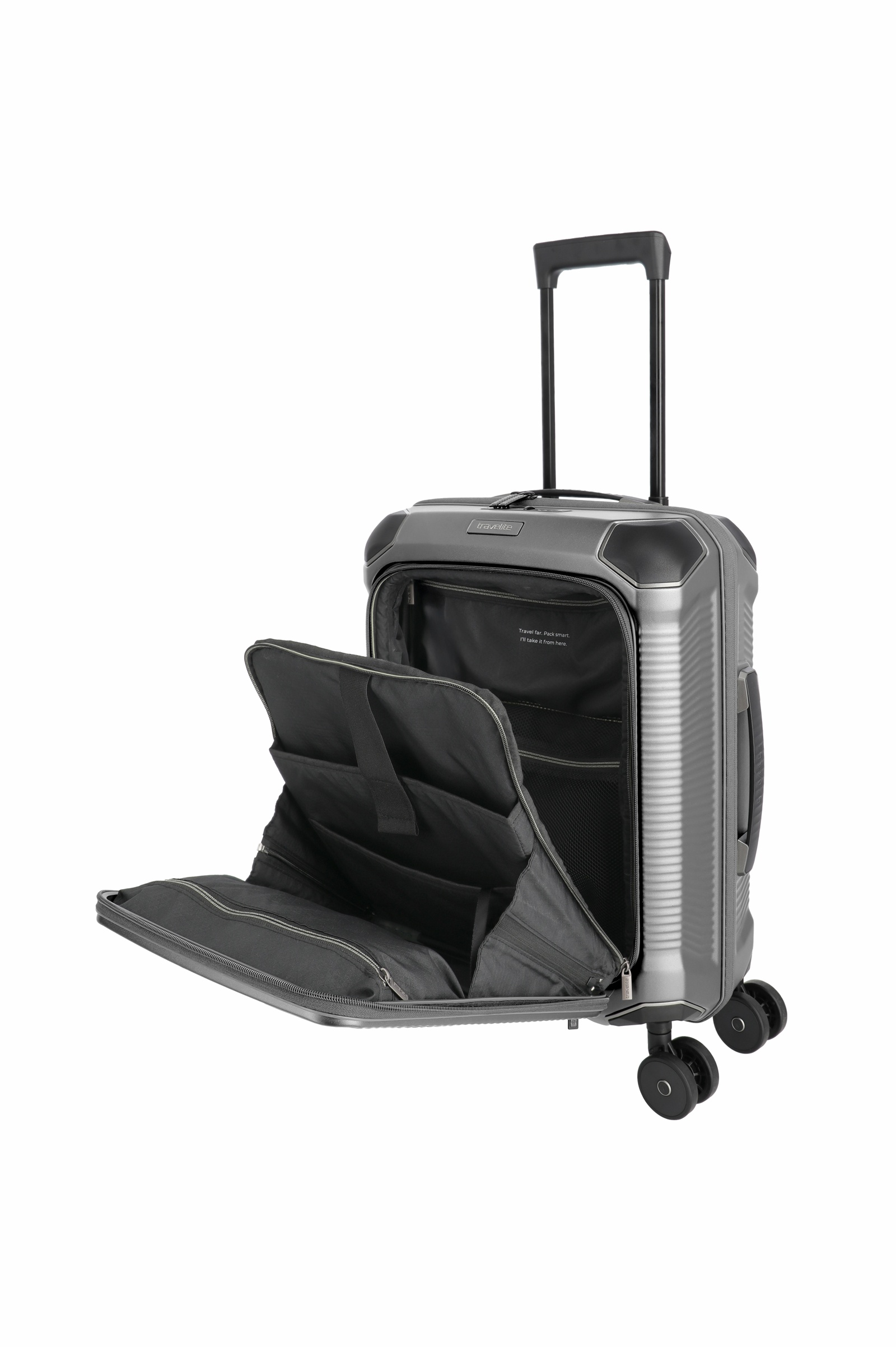 Travelite Koffer Millenium Vortasche 4 Rollen Trolley 55 cm S+ Silver