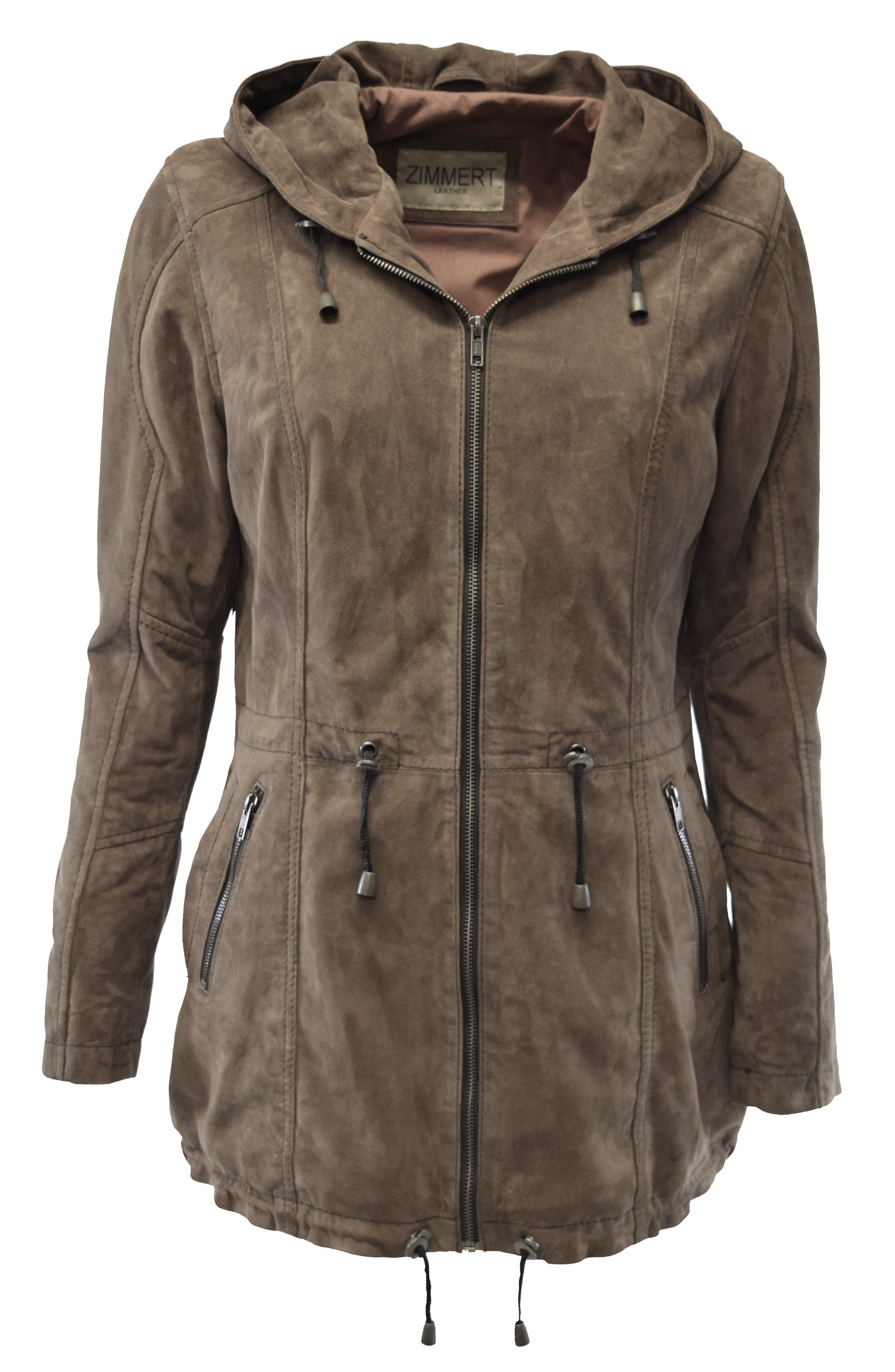 Damen Lederjacke Lila mit Kapuze in Ziegenvelour Greige