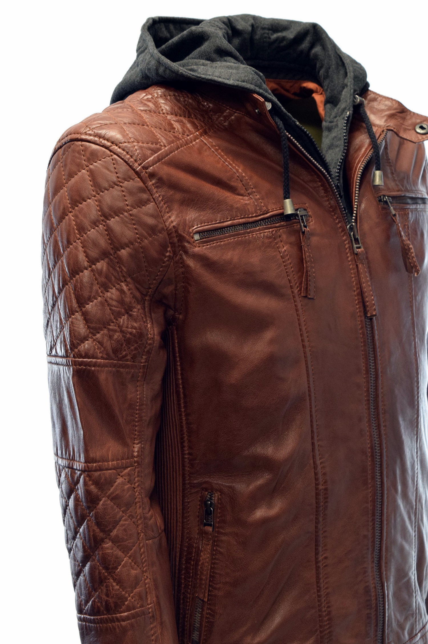 Herren Lederjacke Alex II gesteppt in washed Tabak mit Kapuze