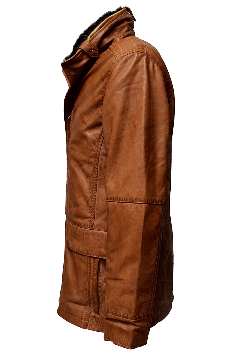 Herren Long Lederjacke "EDDI" in washed Cognac