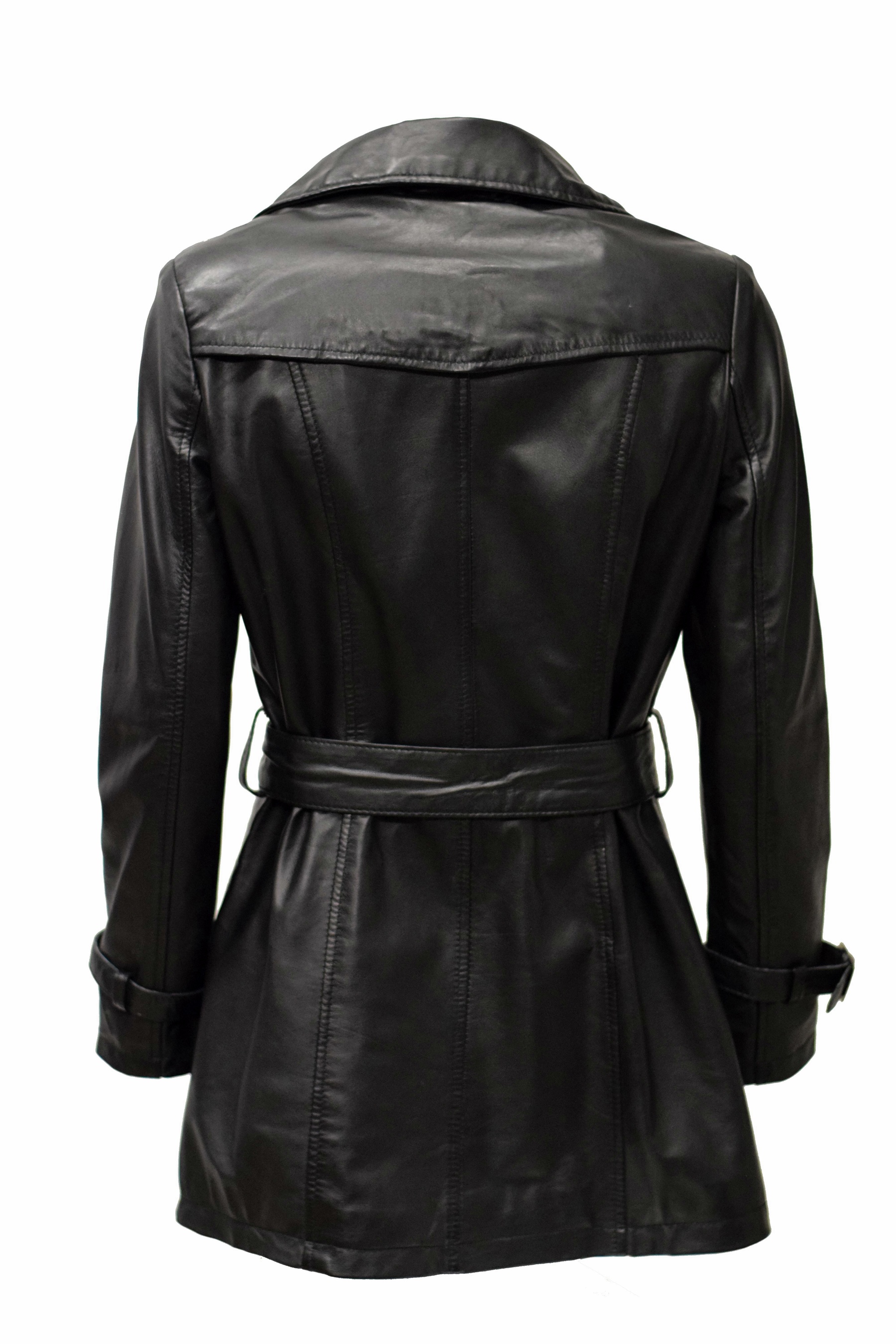 Damen Kurz-Trenchcoat Ledermantel Anna in washed Schwarz