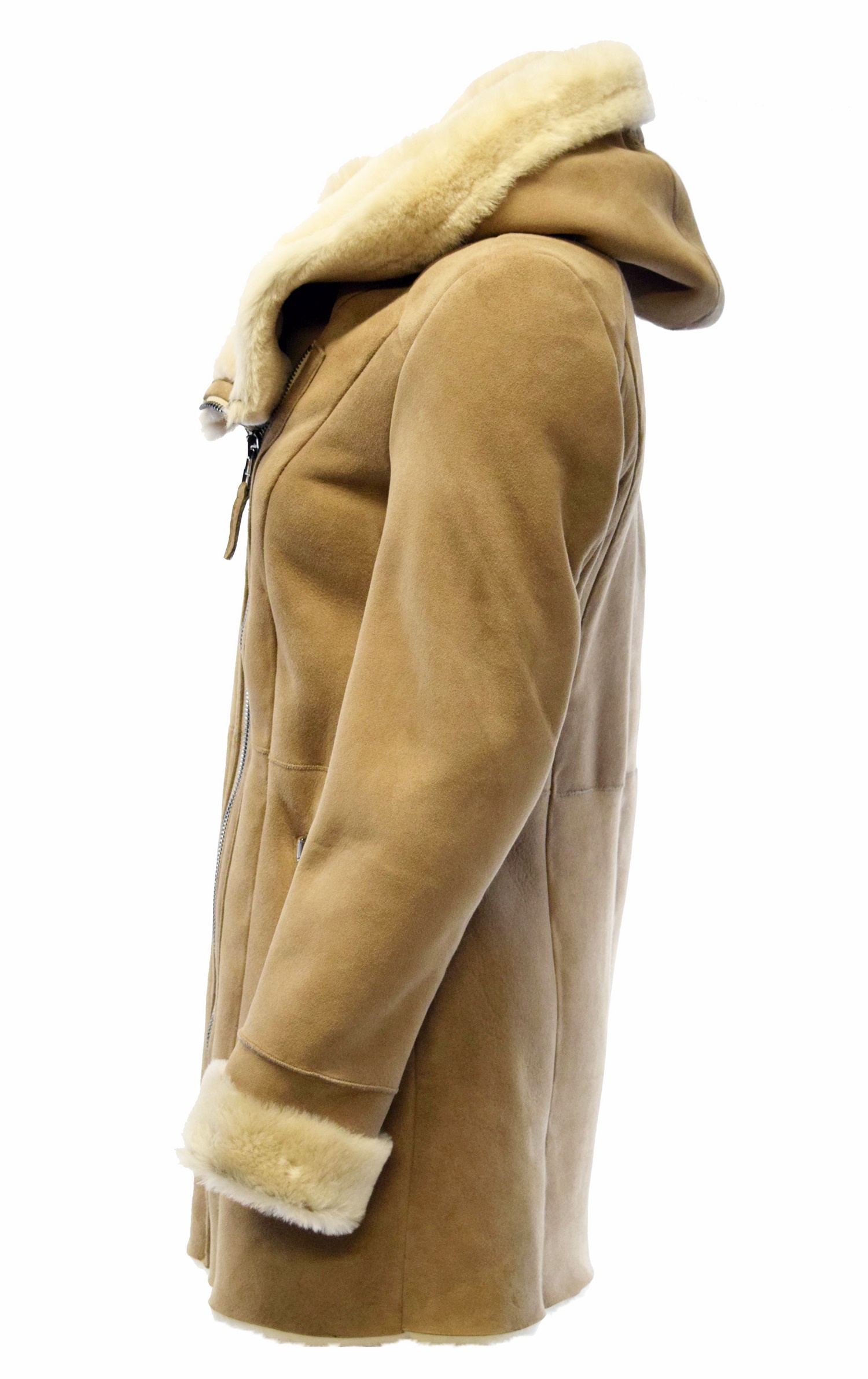 Damen Lammfellmantel Olivia mit großer Kapuze in Sandbeige