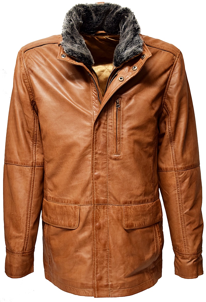 Herren Long Lederjacke "EDDI" in washed Cognac
