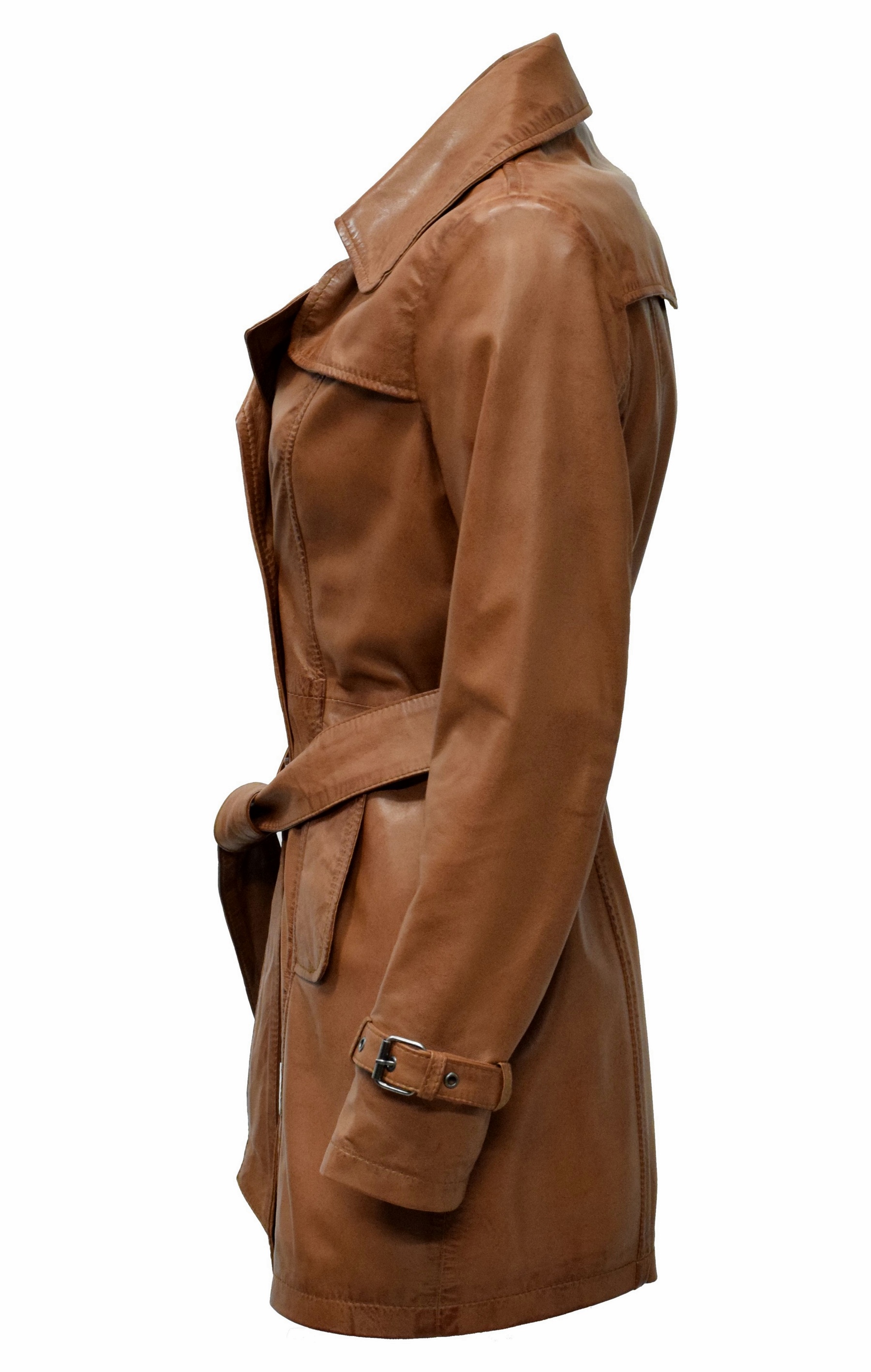 Damen Kurz-Trenchcoat Ledermantel Anna in washed Cognac