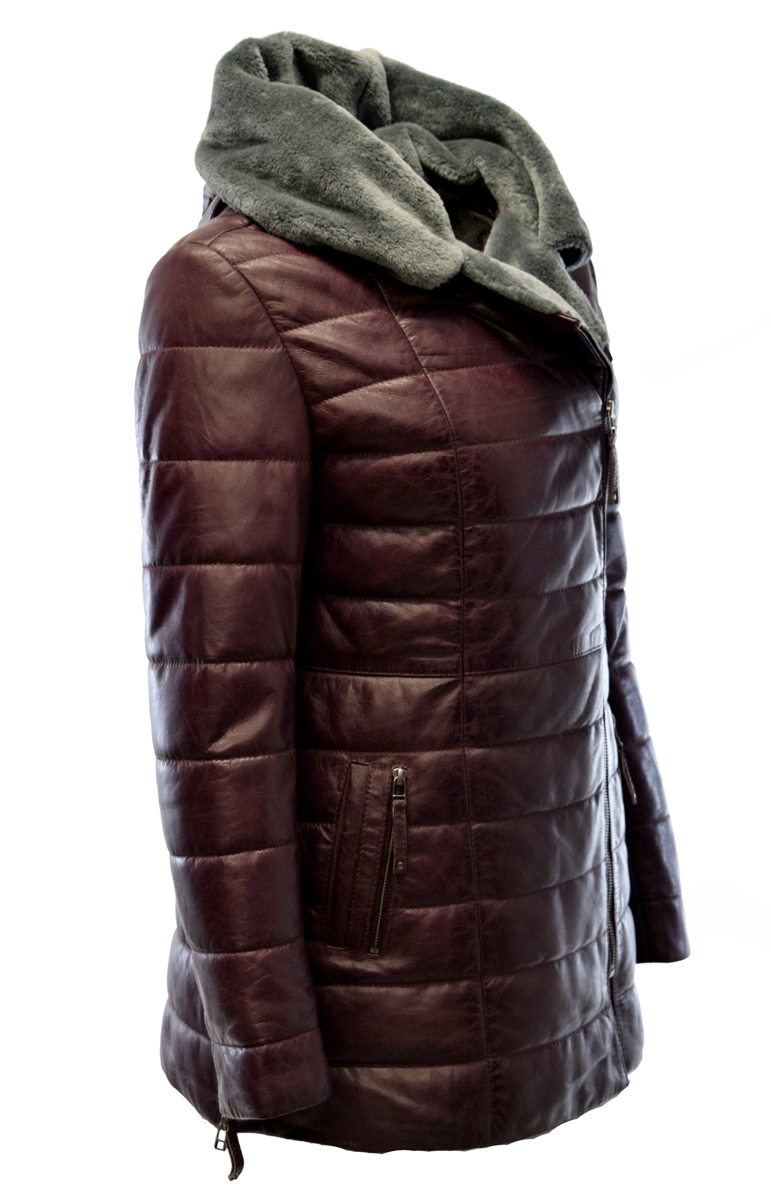 Damen Ledermantel Cindy mit Kapuzenkragen in Burgundy