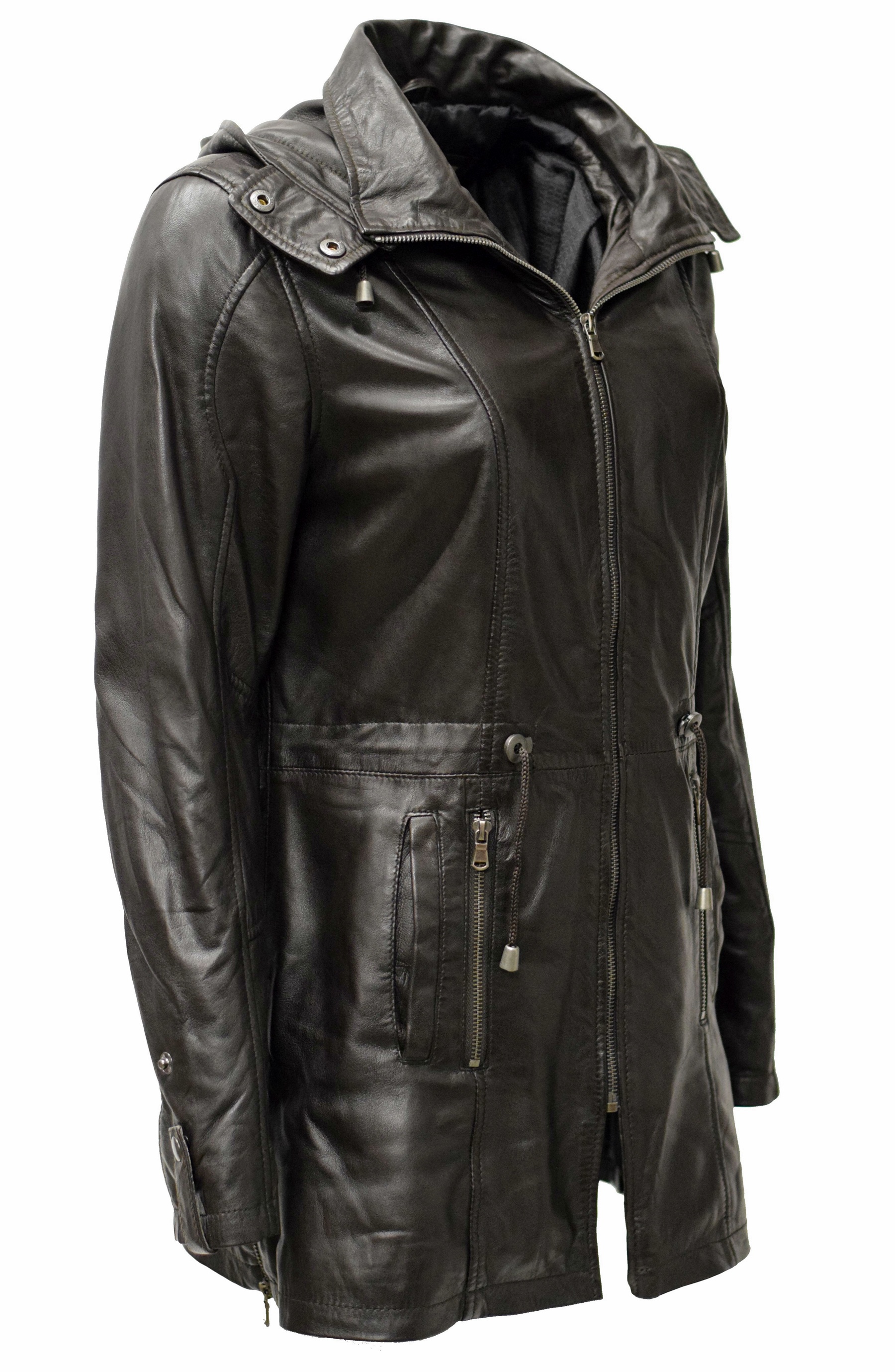 Damen Lederparka Helene mit Kapuze in washed Dunkelbraun