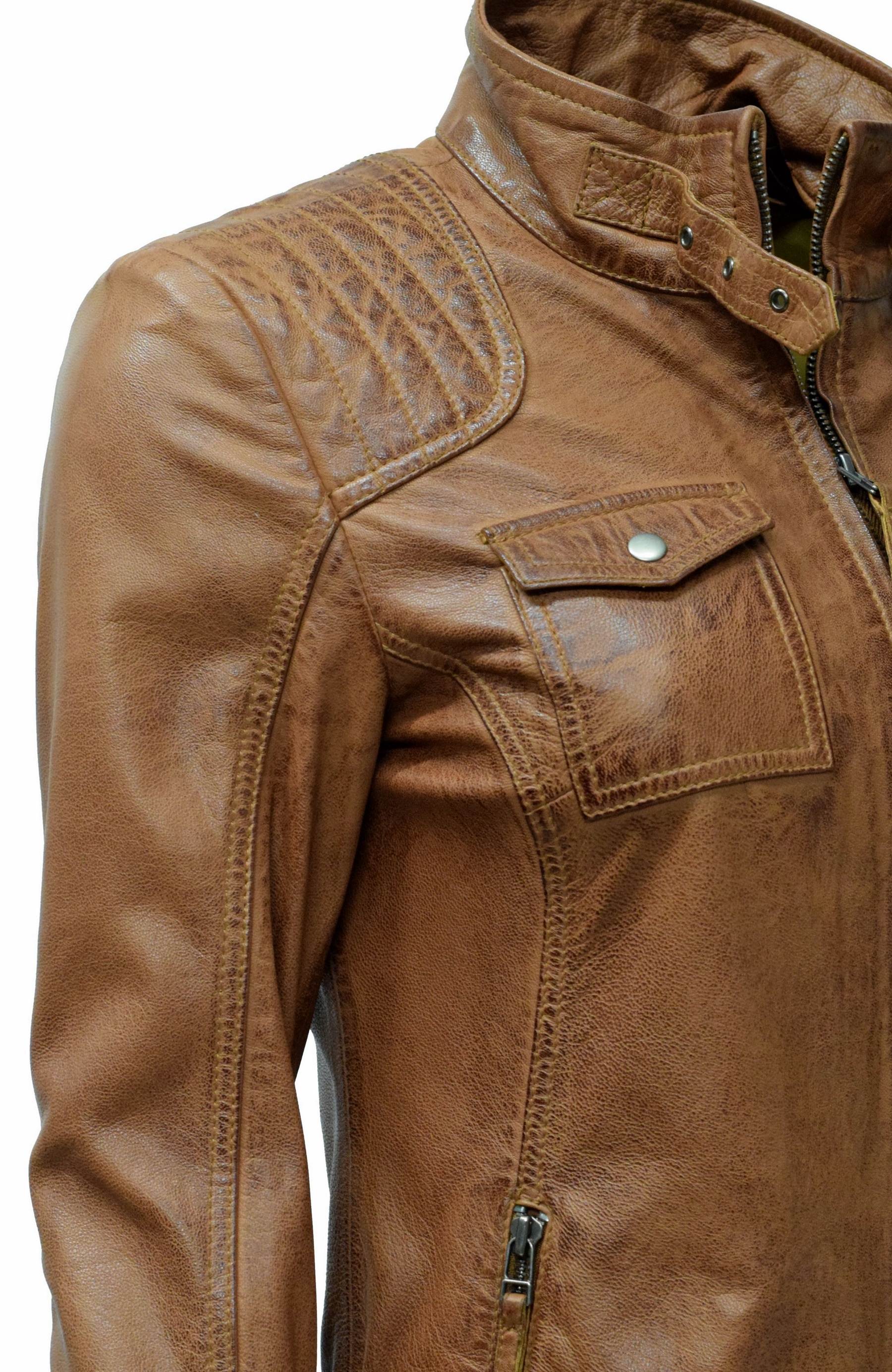 Damen Lederjacke Emmy gesteppt washed Cognac
