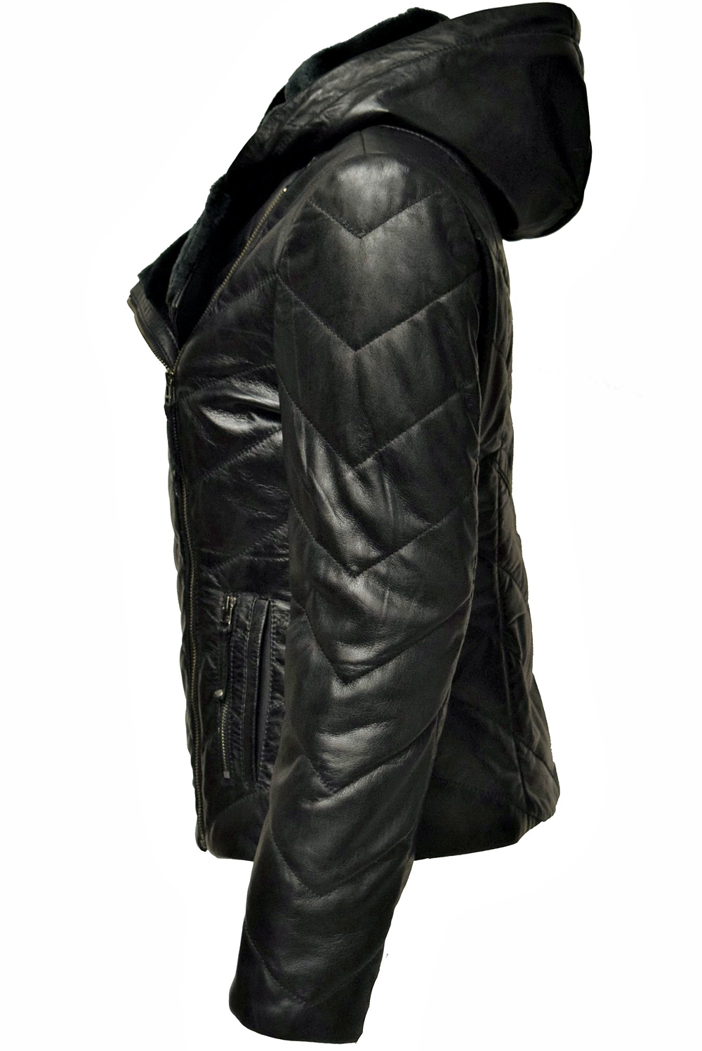 Damen Stepp-Lederjacke Mariella mit Kapuzenkragen in Schwarz