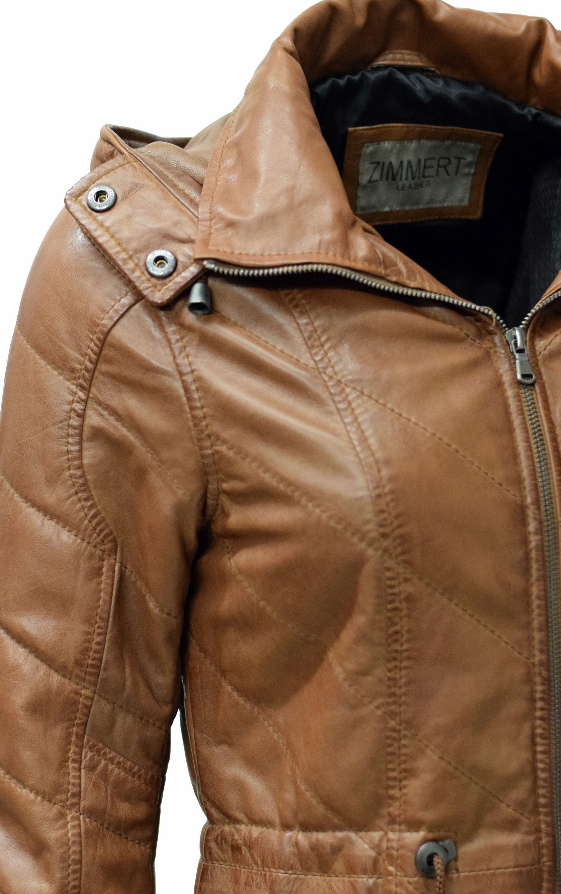 Damen Stepp- Lederparka Jacque mit Kapuze in washed Cognac