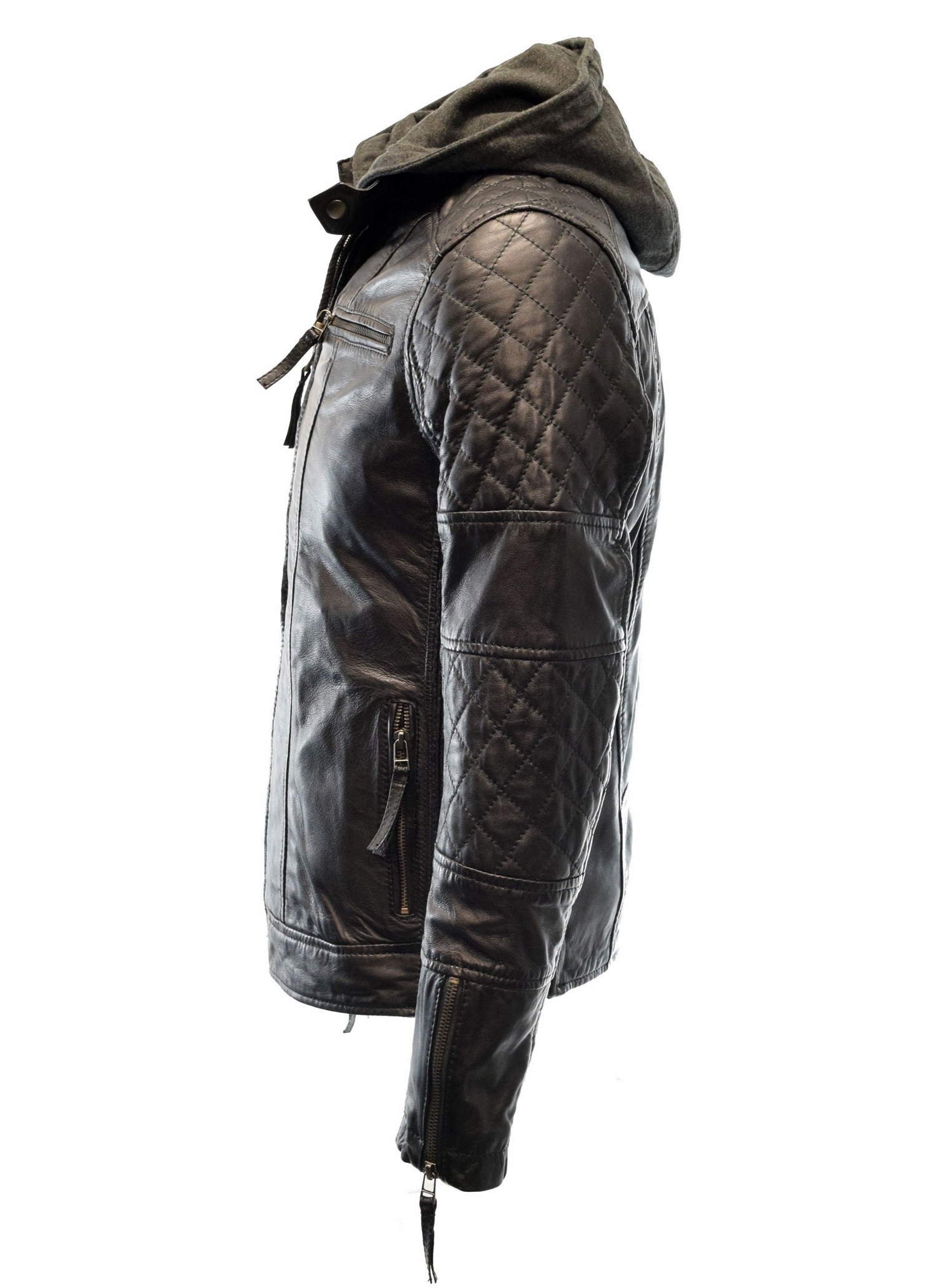 Herren Lederjacke Alex II gesteppt in washed Schwarz mit Kapuze
