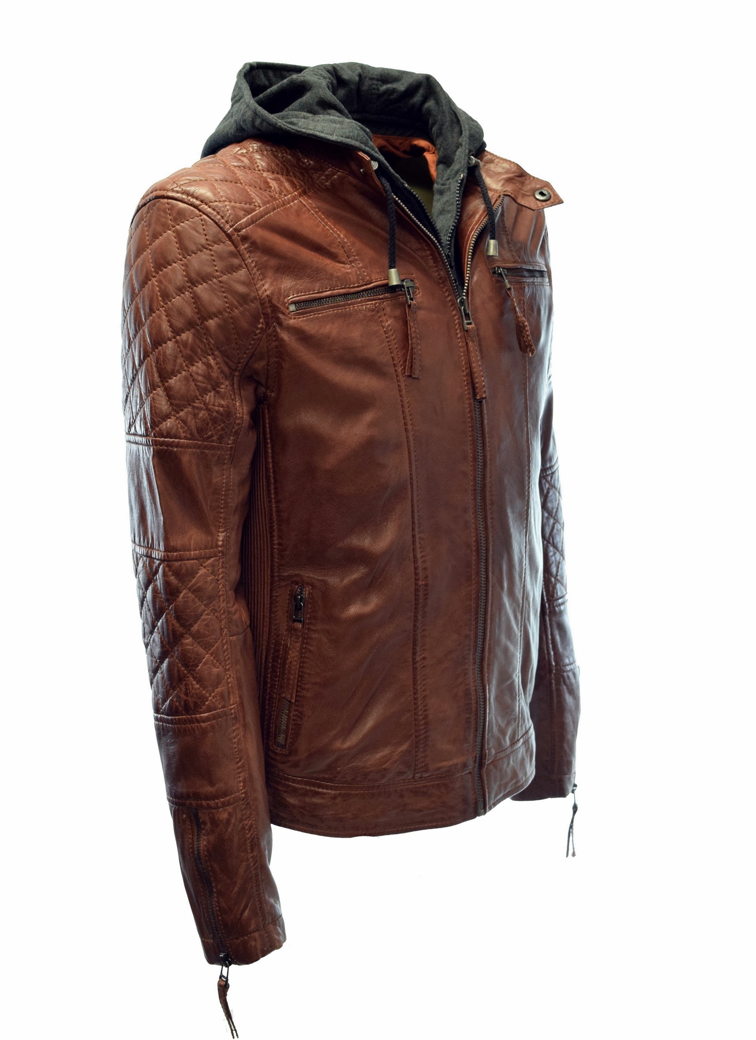 Herren Lederjacke Alex II gesteppt in washed Tabak mit Kapuze