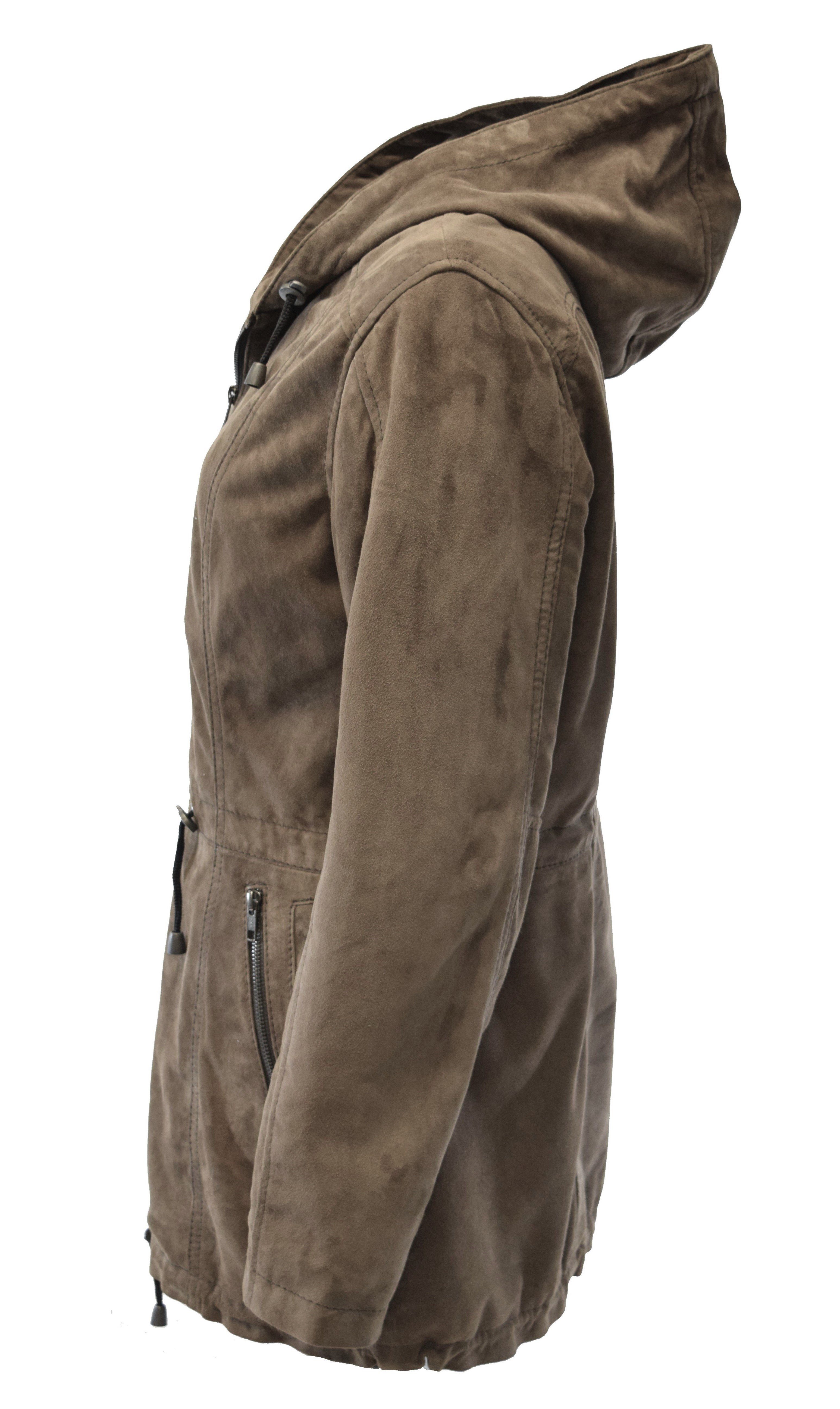 Damen Lederjacke Lila mit Kapuze in Ziegenvelour Greige