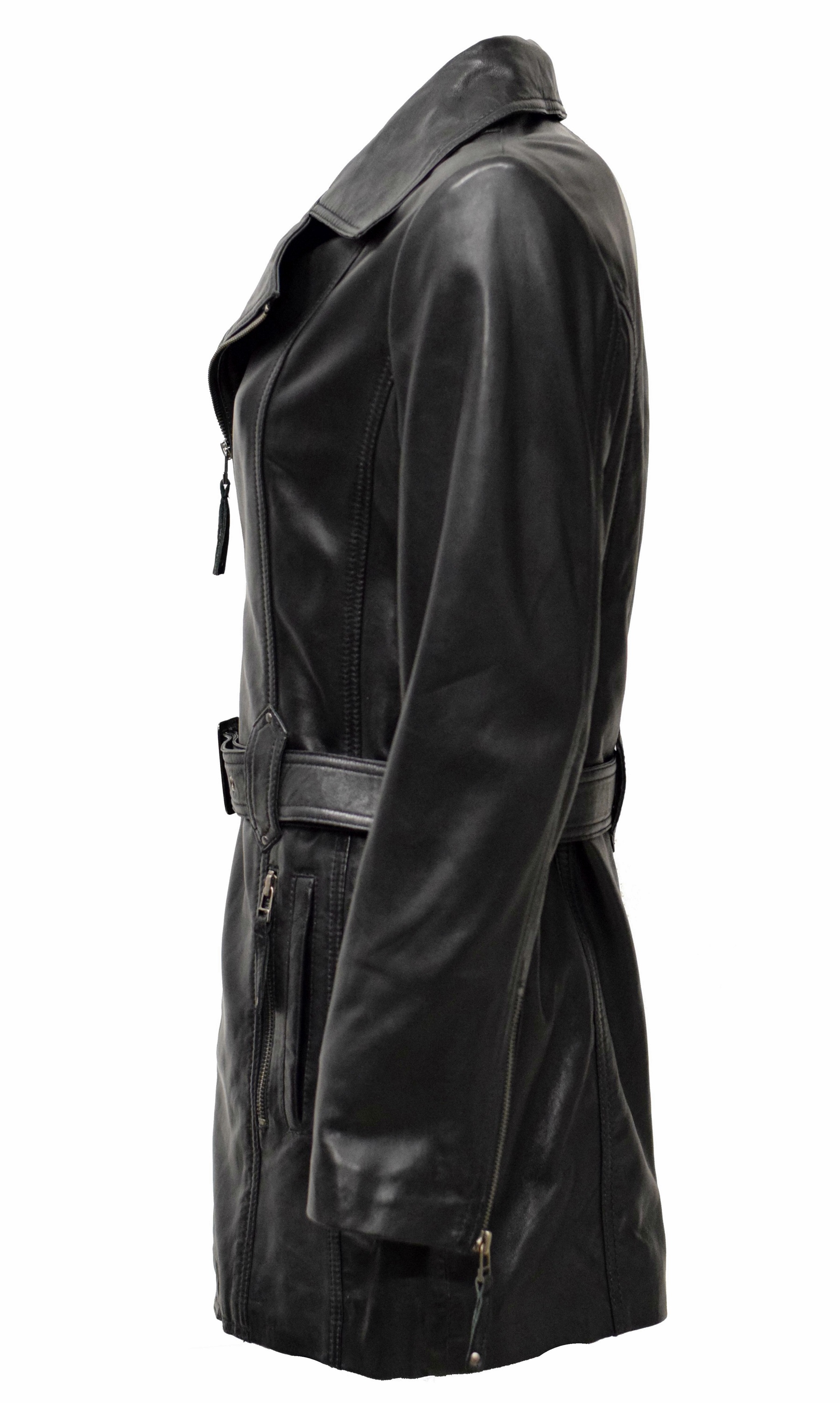 Damen Ledermantel Lara in washed Schwarz