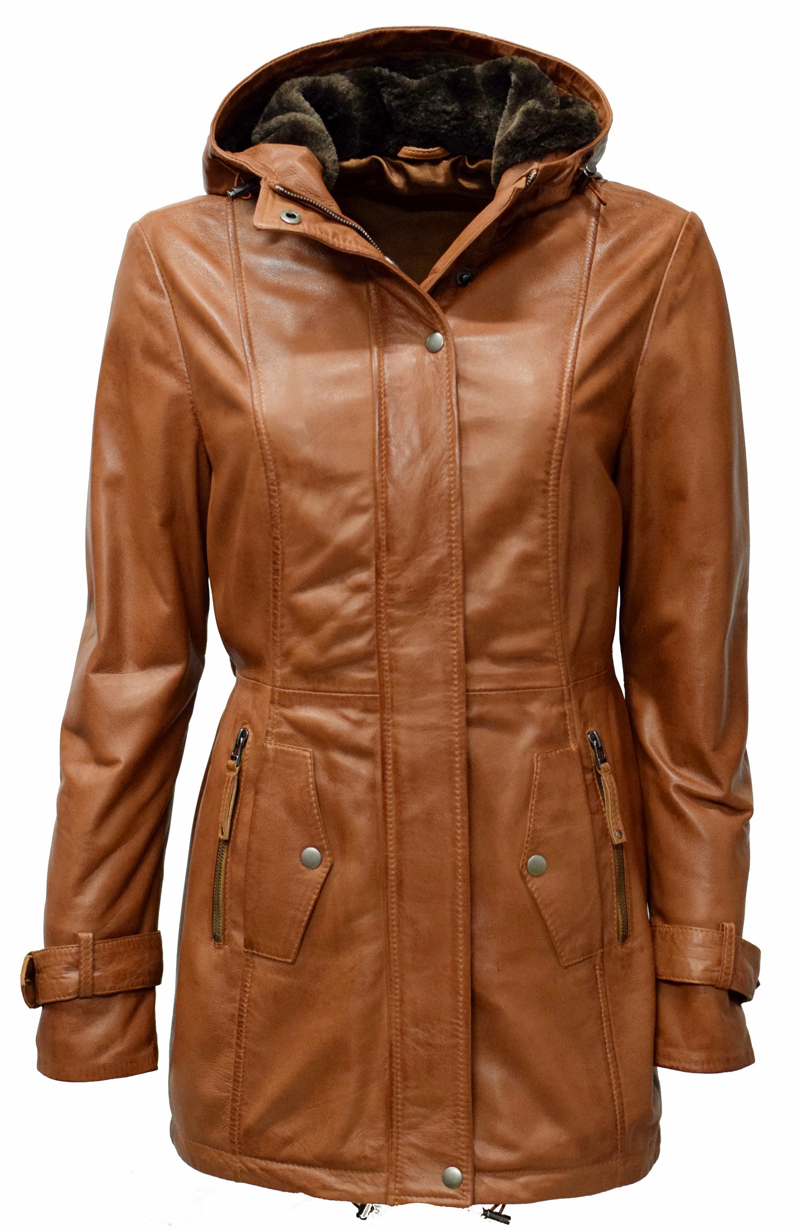 Damen Lederparka Manja mit Fellkapuze in washed Cognac