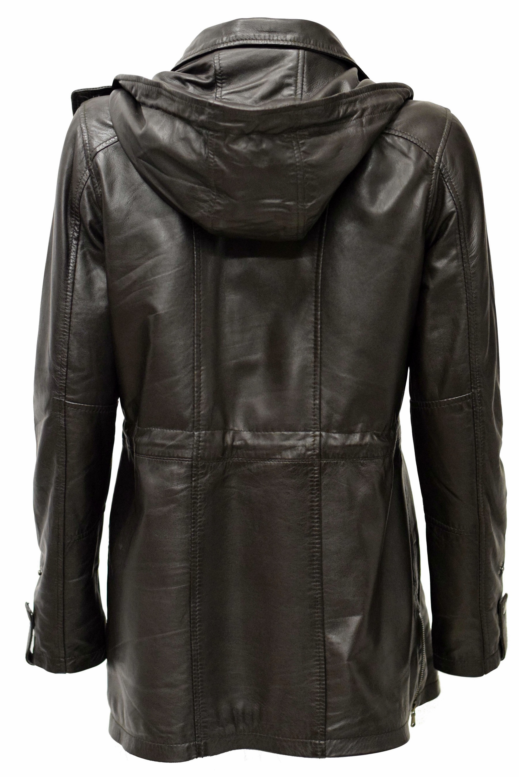 Damen Lederparka Helene mit Kapuze in washed Dunkelbraun