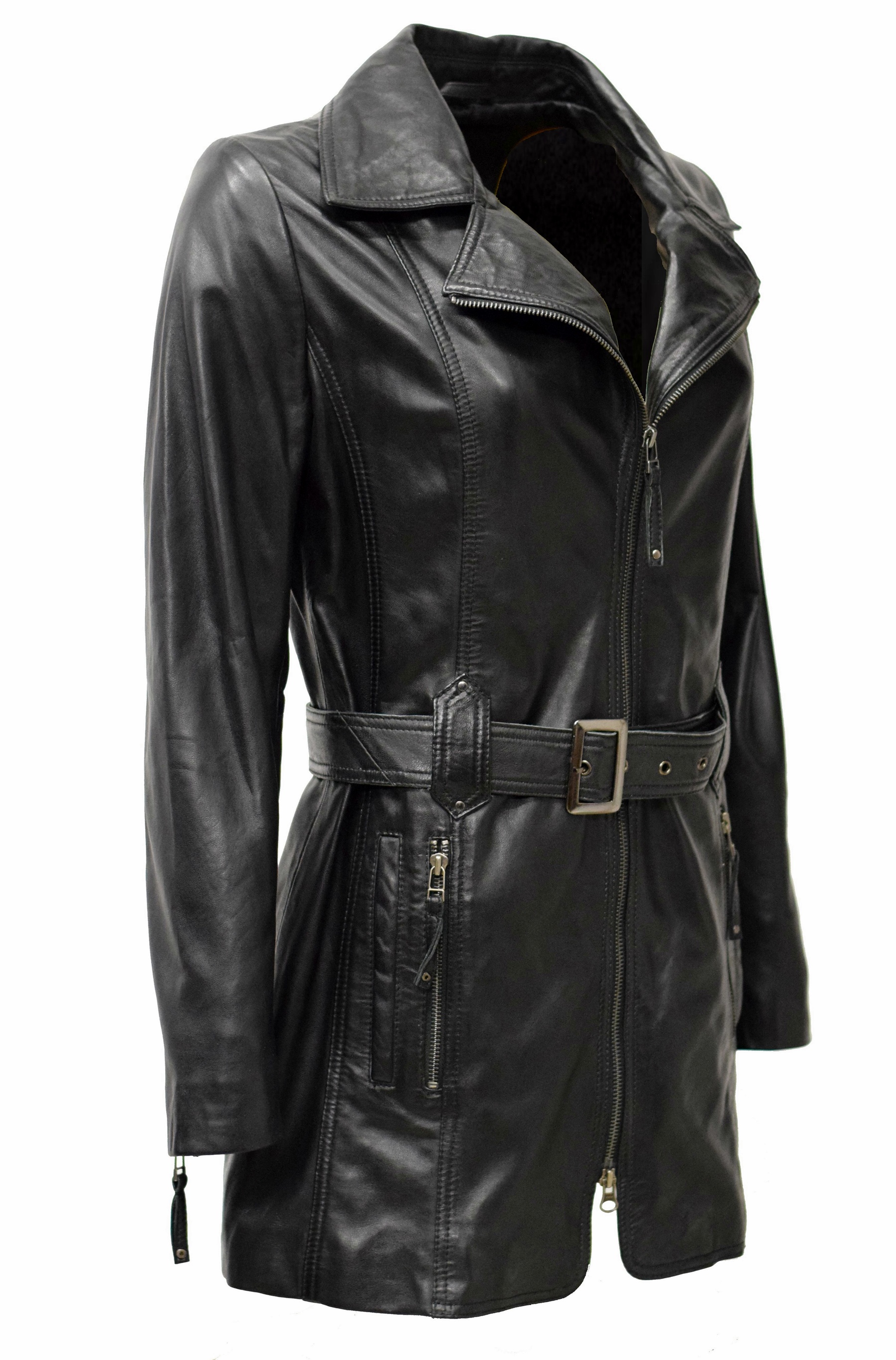 Damen Ledermantel Lara in washed Schwarz