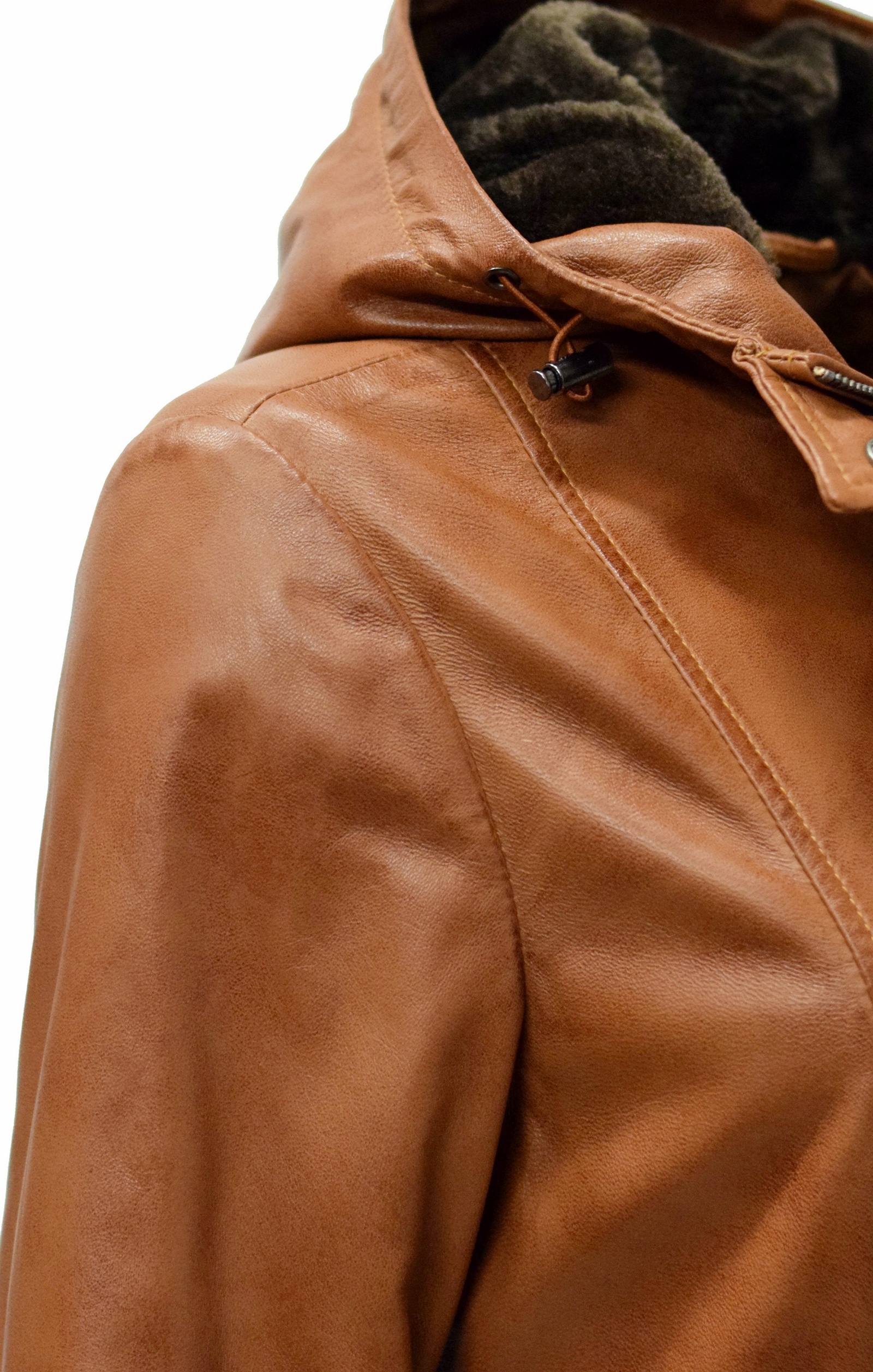 Damen Lederparka Manja mit Fellkapuze in washed Cognac