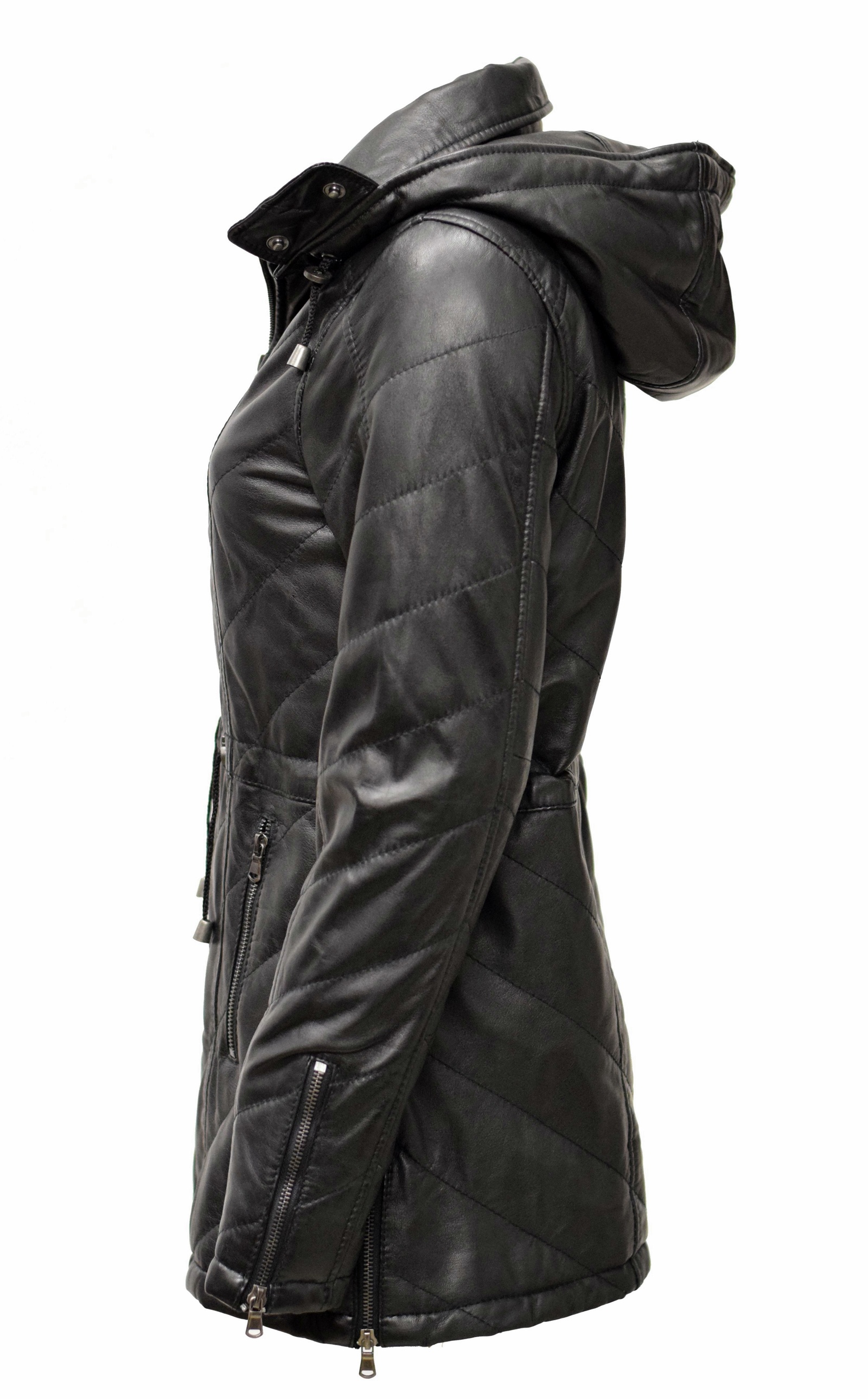 Damen Stepp- Lederparka Jacque mit Kapuze in washed Schwarz
