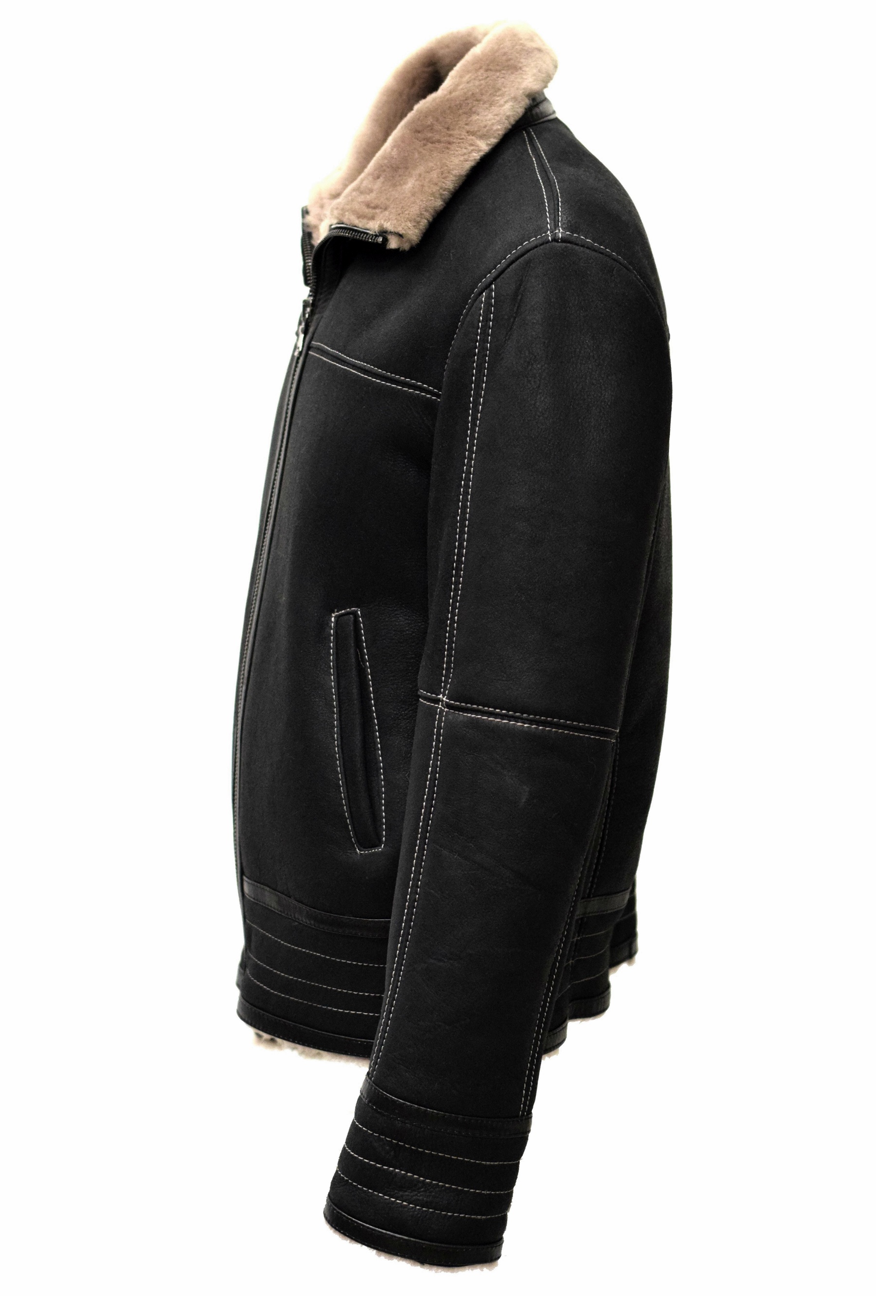 Herren Lammfelljacke Bomber Mark in Schwarzgrau